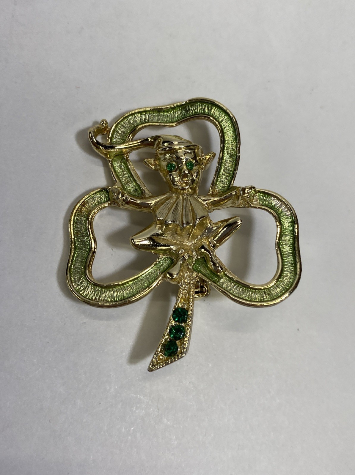 Signed BJ Leprechaun Shamrock Brooch Pin With Emerald Green Rhinestone Eyes