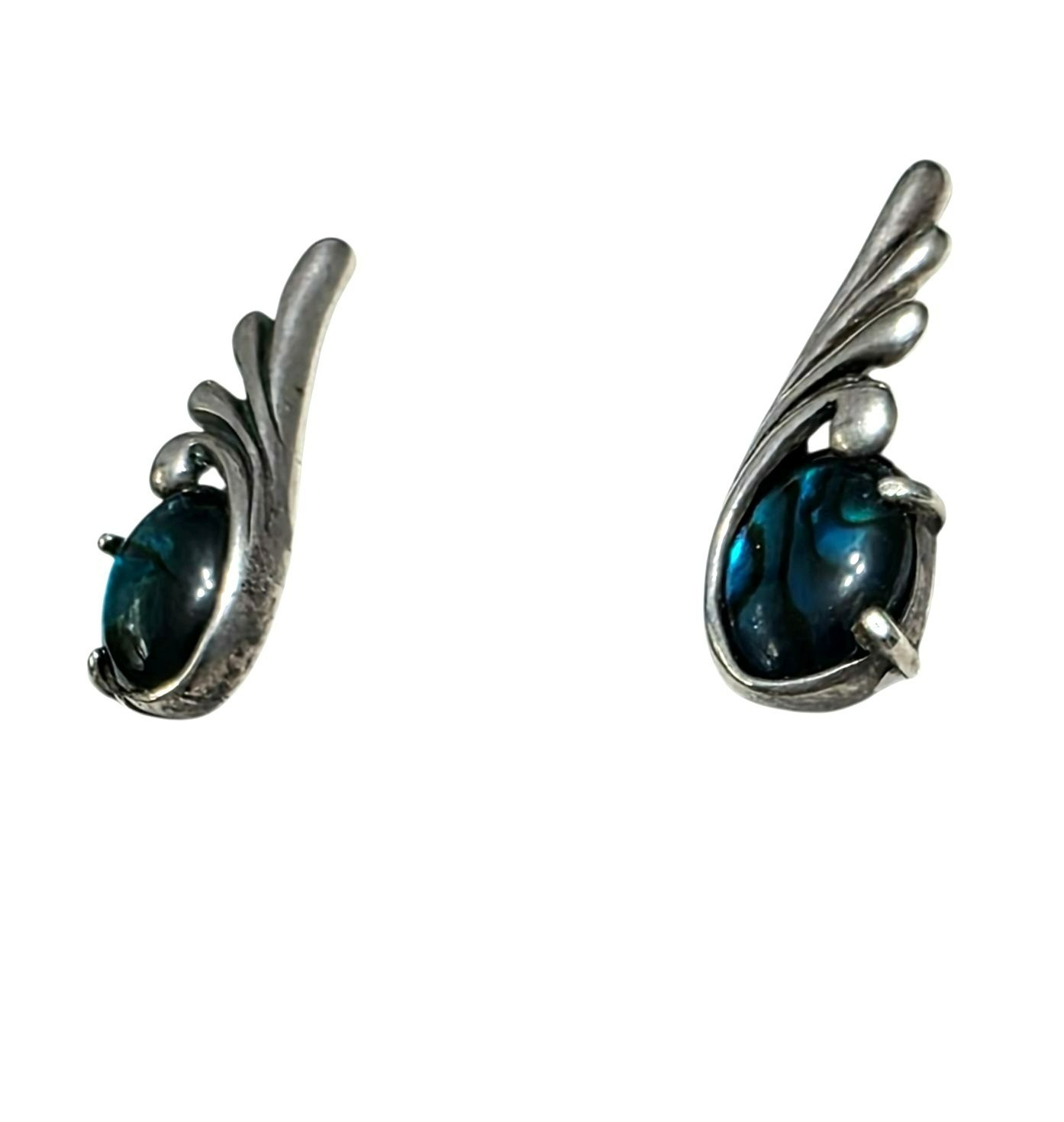 Vintage Kabana Sterling Silver Earrings Blue Abalone Shell Wing Curl Leaf 925