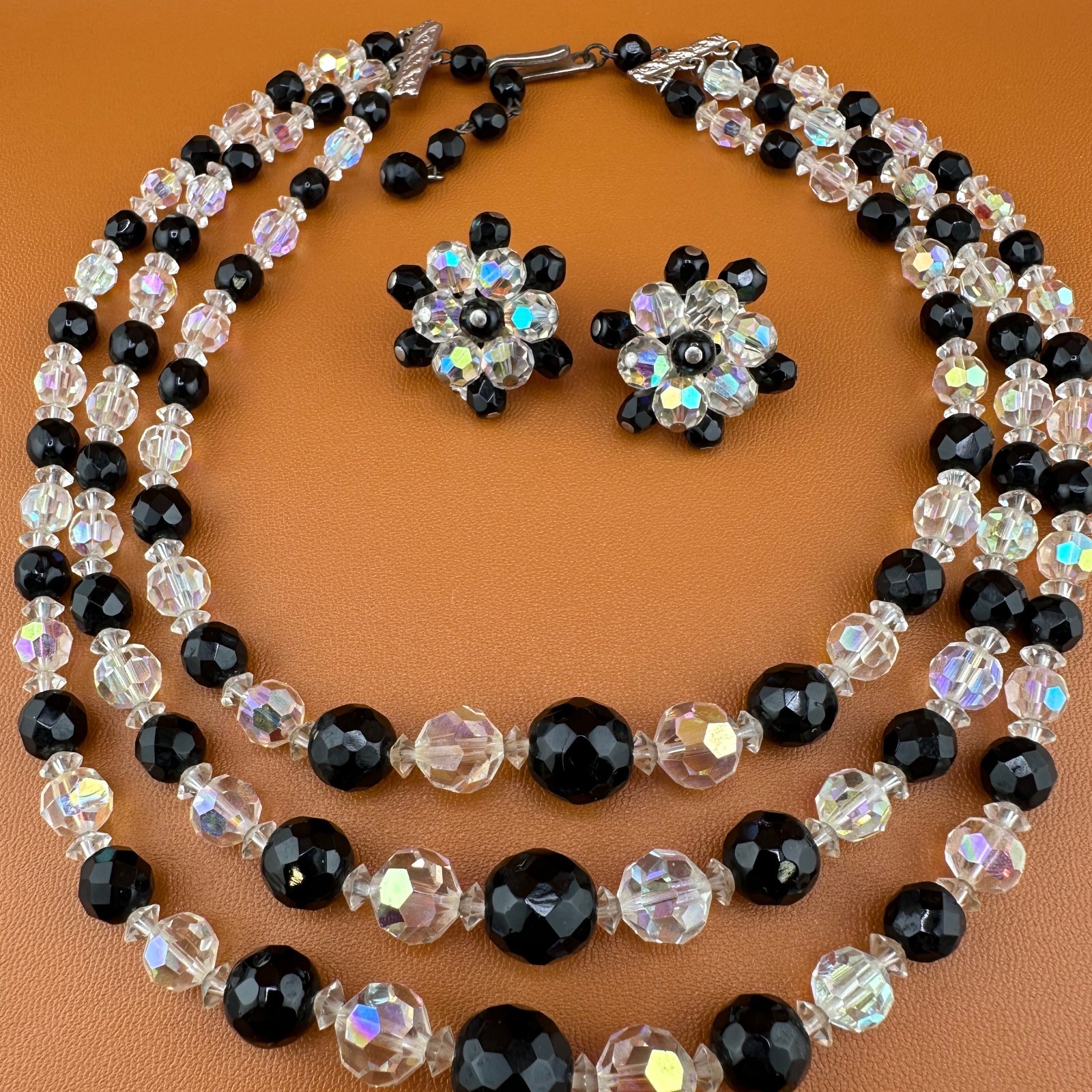 Vintage AB Crystal Bead Necklace Earrings Set Triple Strand Black & Clear 15″