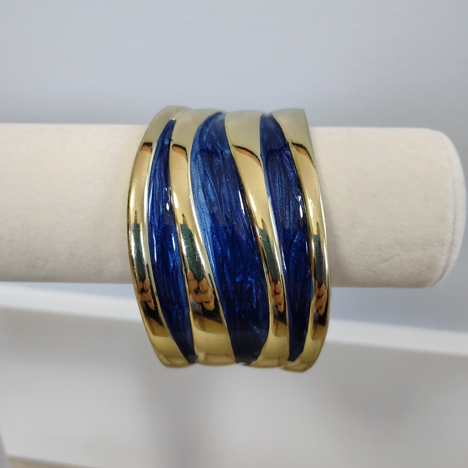 Vintage Blue Enamel Goldtone Metal Rhinestone Bangle Hinged Bracelet