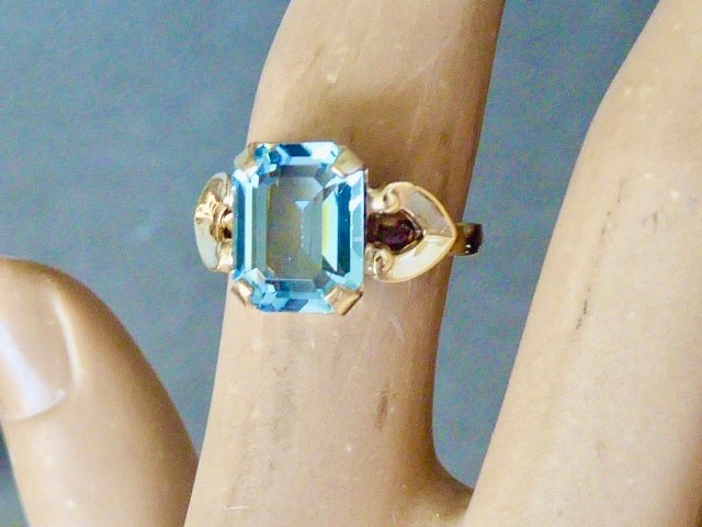 70’S NEW OLD STOCK 10K YELLOW GOLD FILLED SIMULATED AQUA RING SIZE 4.25 RING