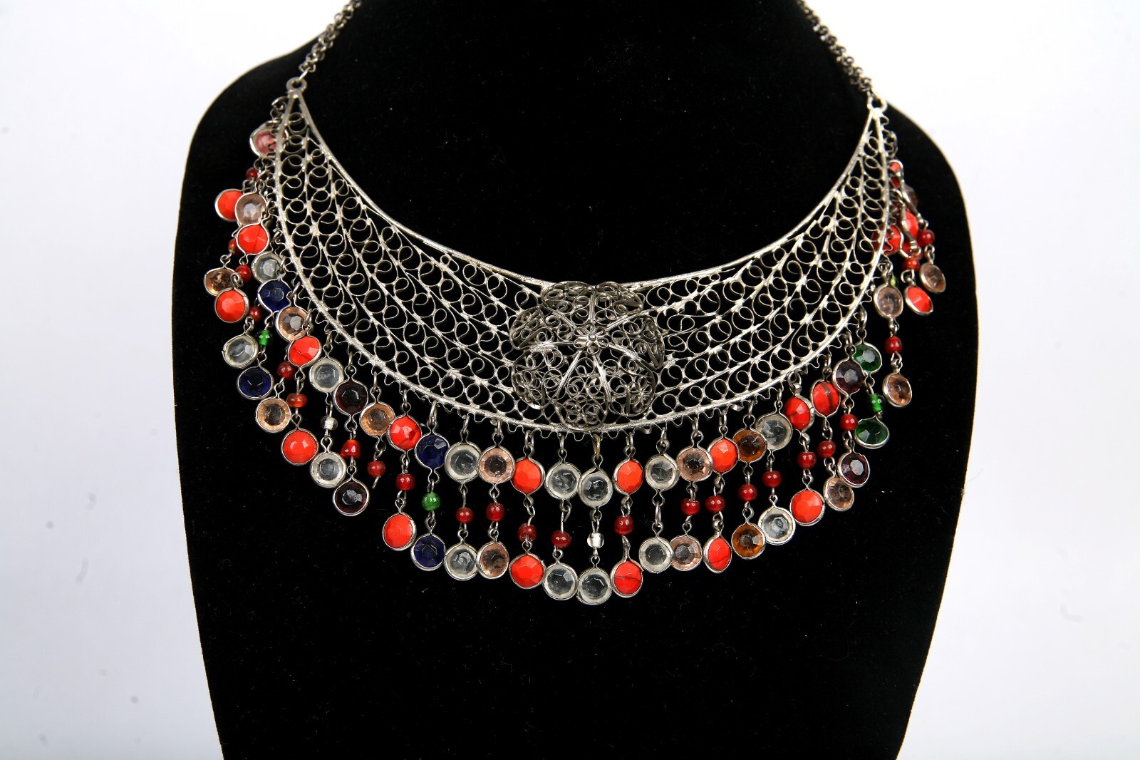Vintage Bib Collar Choker Necklace Beaded Fringe Artisan Hand Made Mesh Filigree