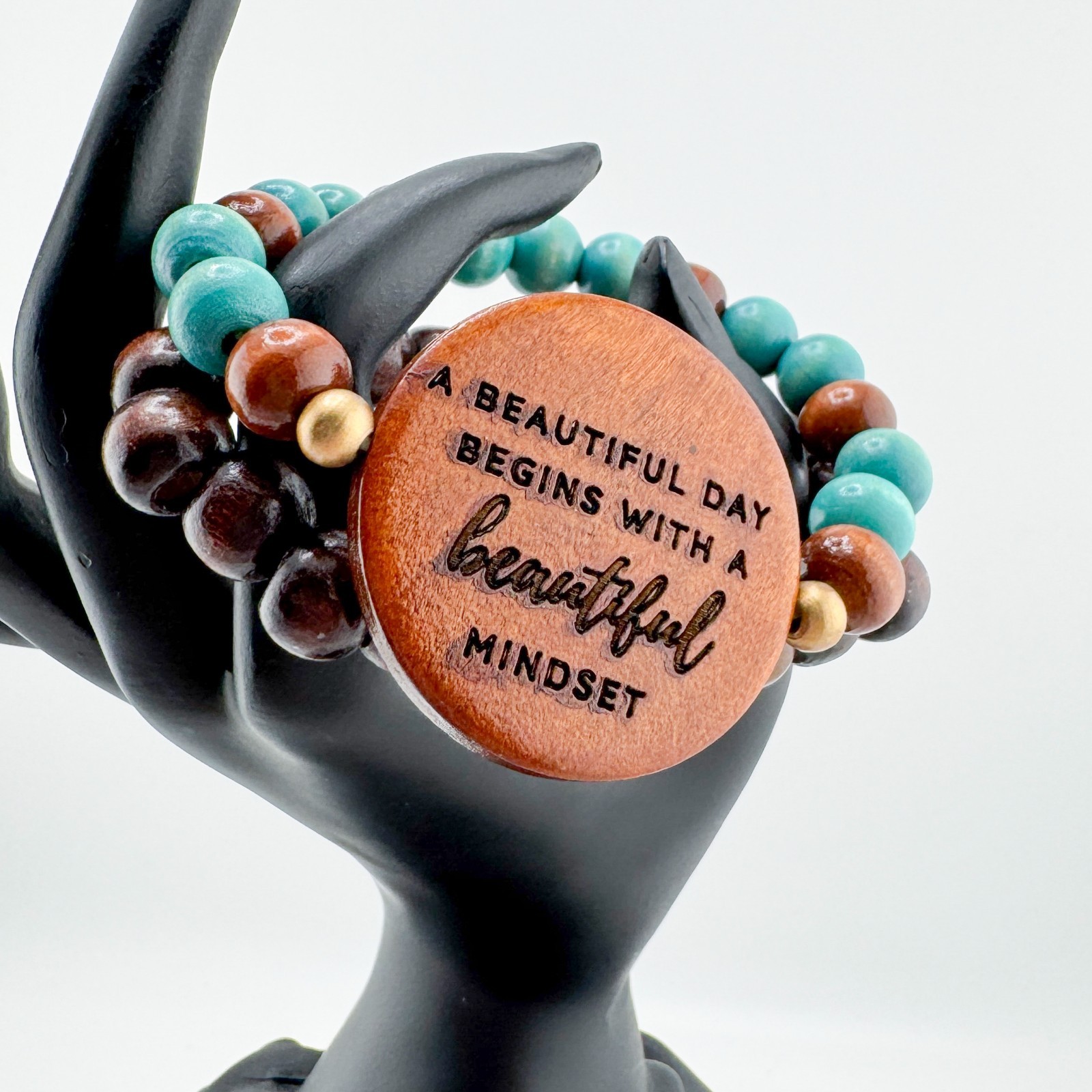 Wood Bead Bracelet 2 Set Stretch Stack Boho Quote “Beautiful Mindset” Earthy