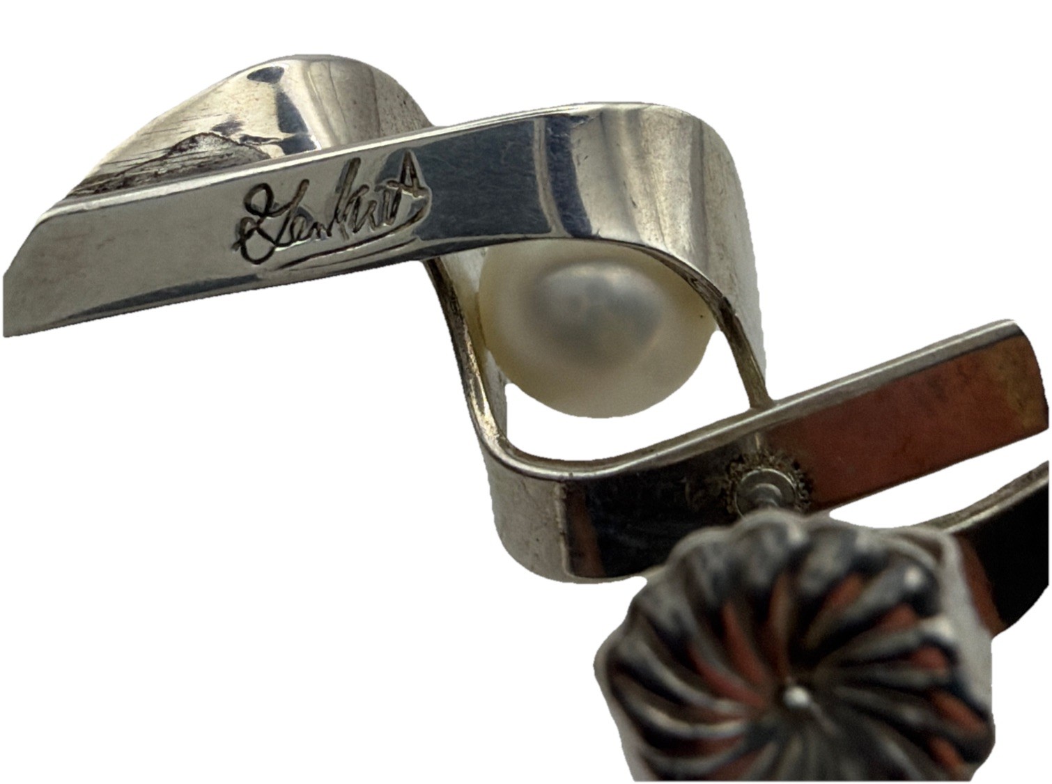 Gerhard Herbst Modernist Sterling Silver And Pearl Ribbon Swirl Post Earrings