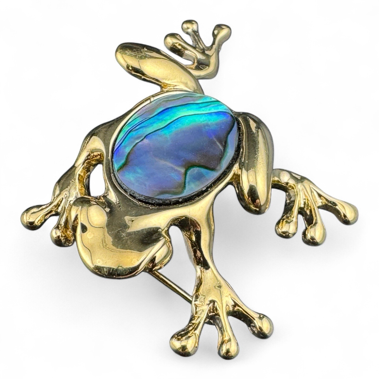 Ariki Paua Shell 22K Gold Plated And Abalone Inlay Frog Brooch-New Zealand