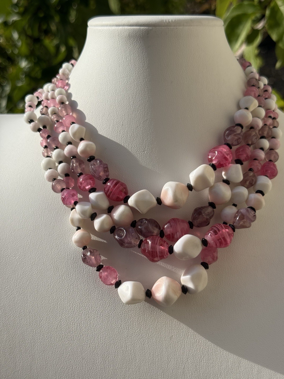 Vintage Japan Pink, Purple, White Glass Bead Necklace 4 Strand Layer Silver Tone