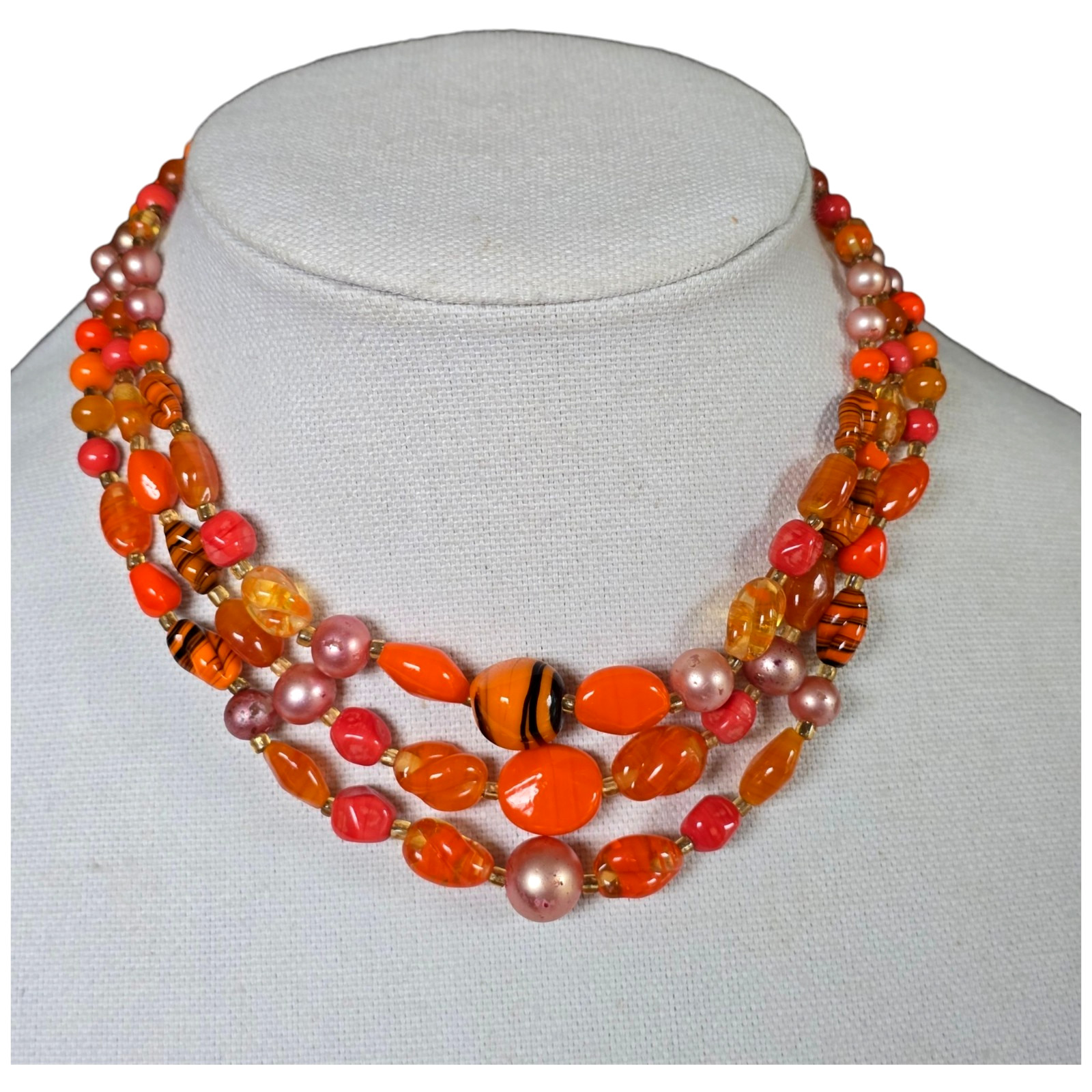 Vintage Japan 3 Multi-Strand Beaded Necklace Orange Pink Art Glass Beads