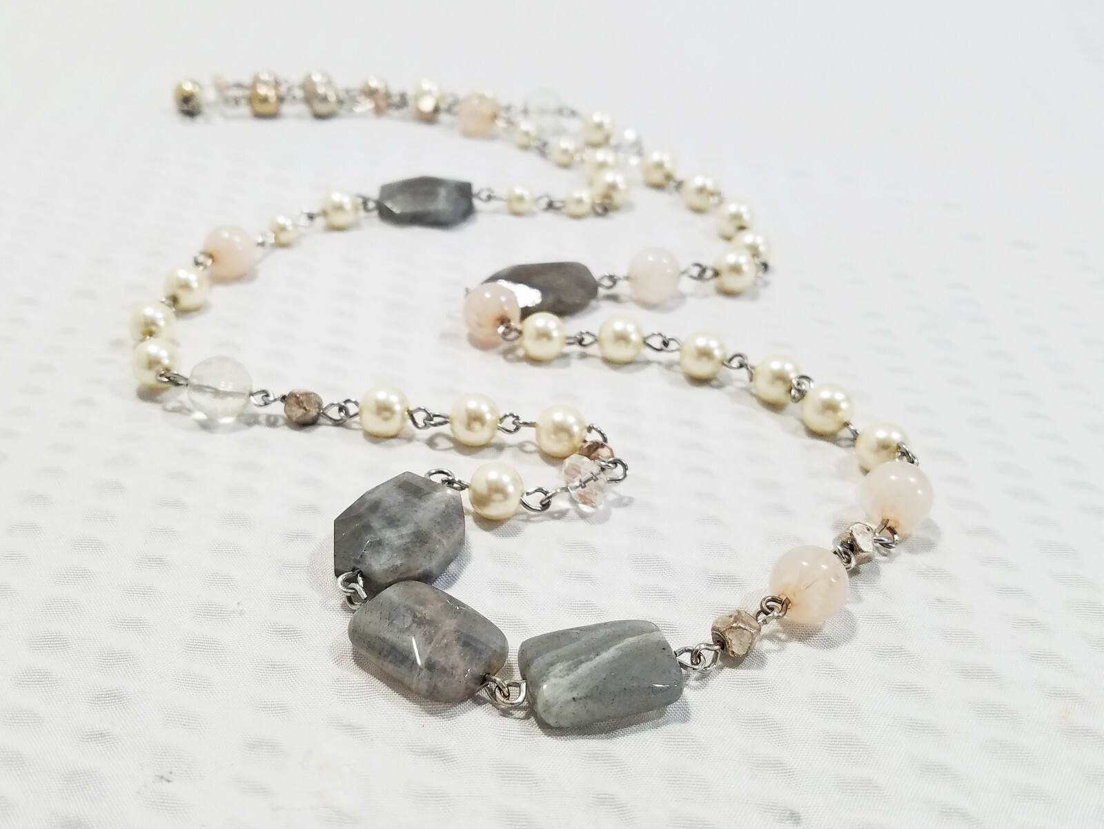 Vintage Asymmetrical Pearl Bead and Gray Agate Bead Rosary Style Necklace