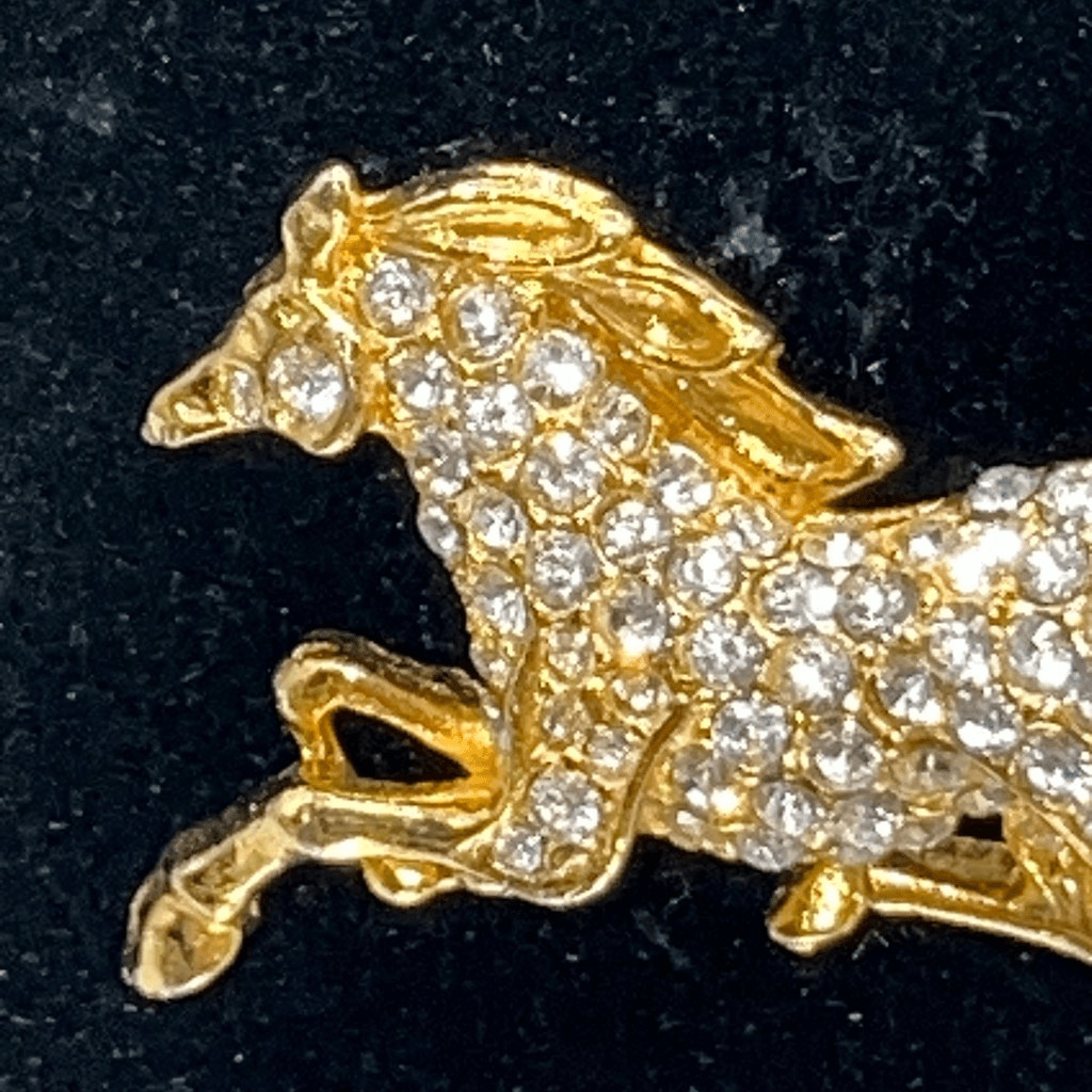 Vintage Running Horse Brooch Rhinestone Gold Tone Pave Pin Regency Edwardian