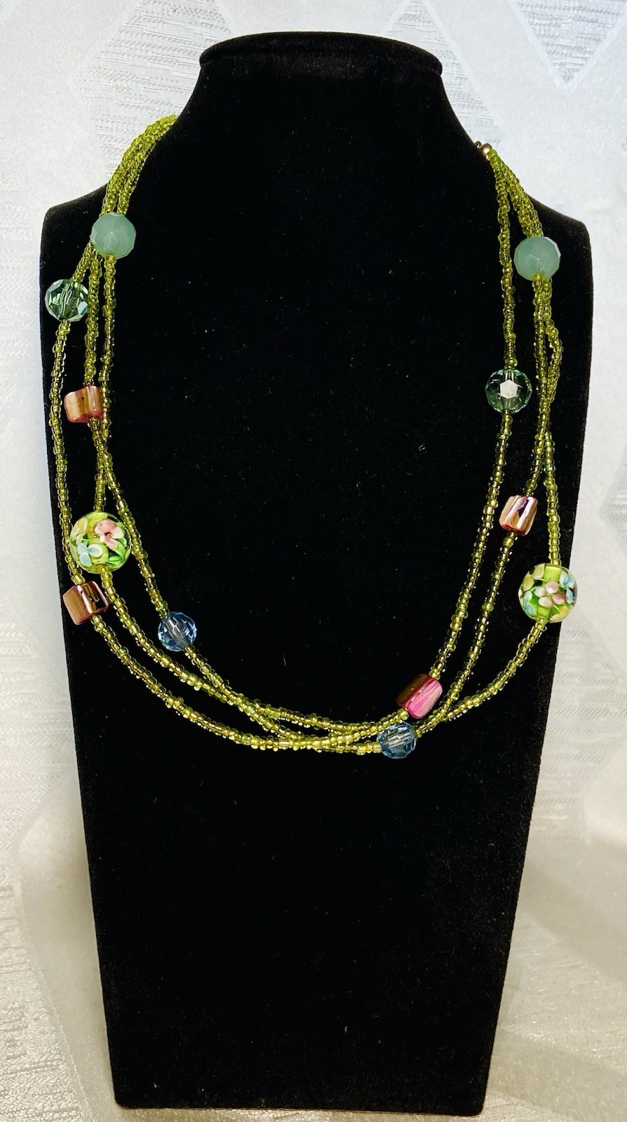 Vintage Multi Strand Beaded Necklace Floral Green Milleflori Style Adjustable