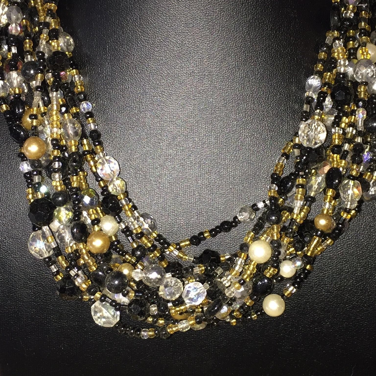 Vintage Multi-Strand Beaded Statement Necklace Gold Tone Acrylic Glass Faux