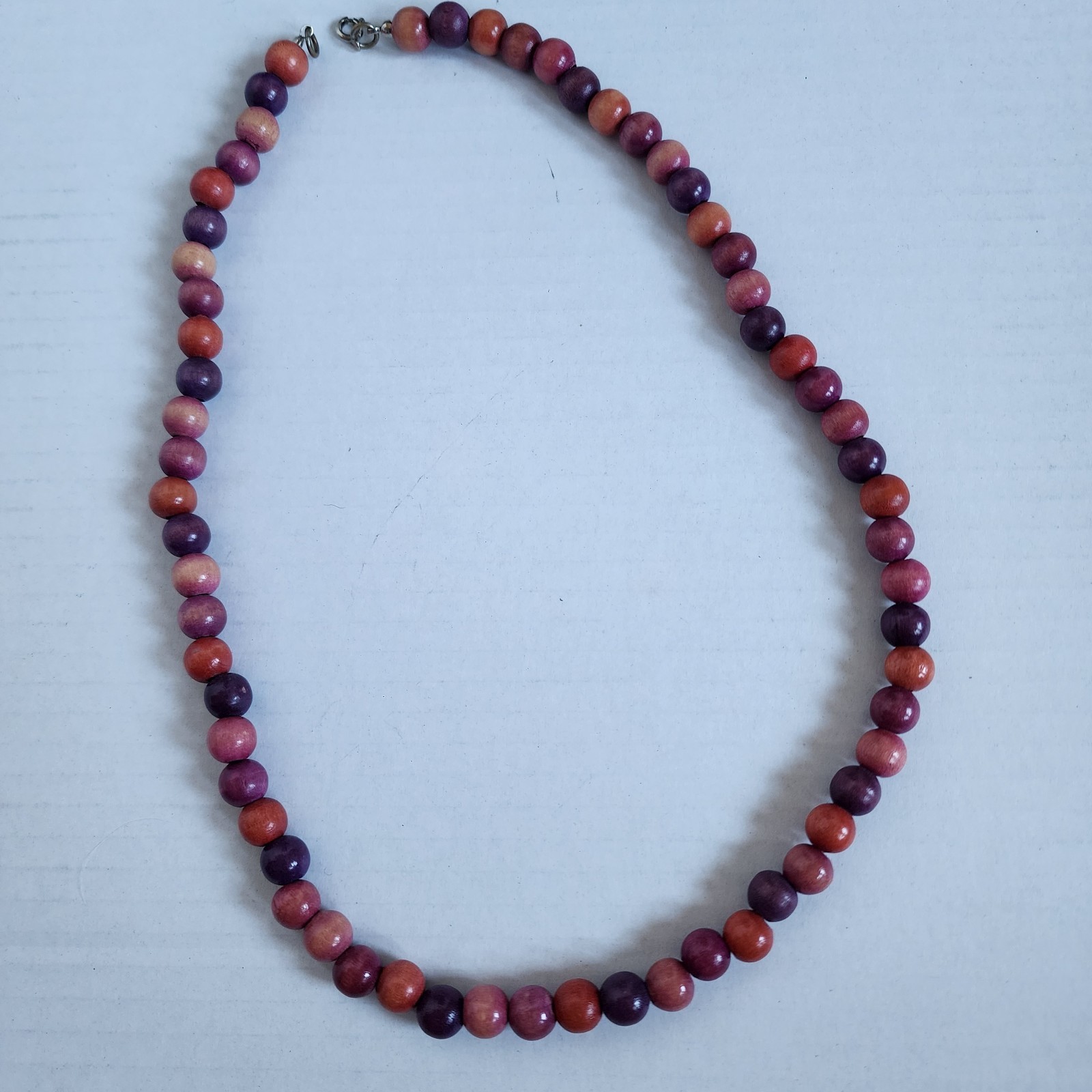 Vintage Multi-color Wooden Necklace Pinks Purples Woodgrain 24 Inch Spring Clasp