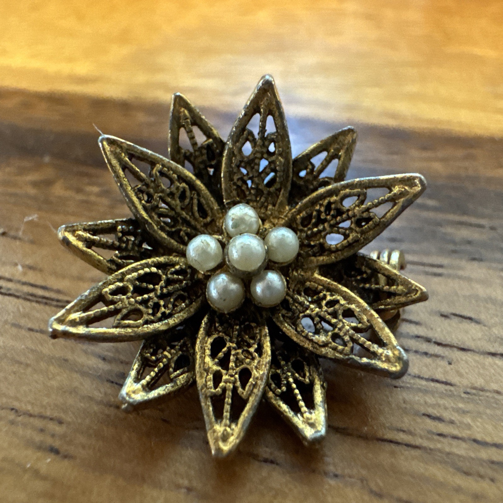 Vintage Tacoa Gold Toned Flower Pearl Brooch Signed Dainty Lapel Pin Old Money