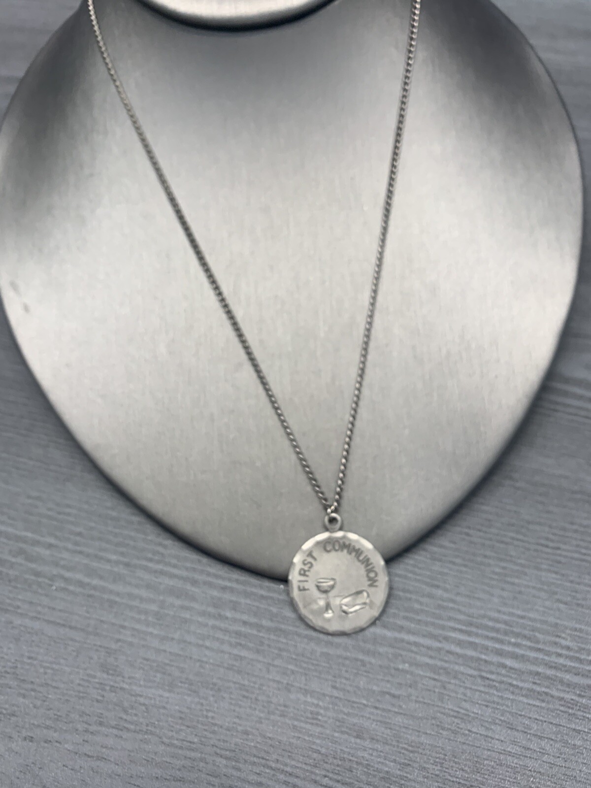 Vintage Pewter BDA First Holy Communion Hand Engraved Pendant Necklace 18”