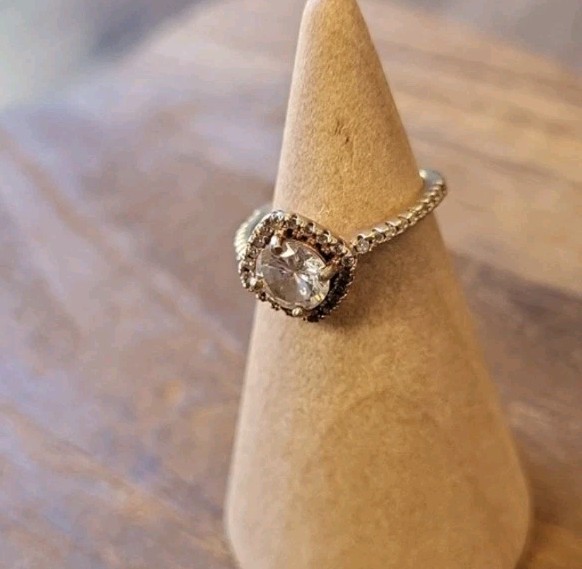 Vtg Gold Tone Engagement Ring, Clear Stone Halo Setting Pave Band, Size 4.25