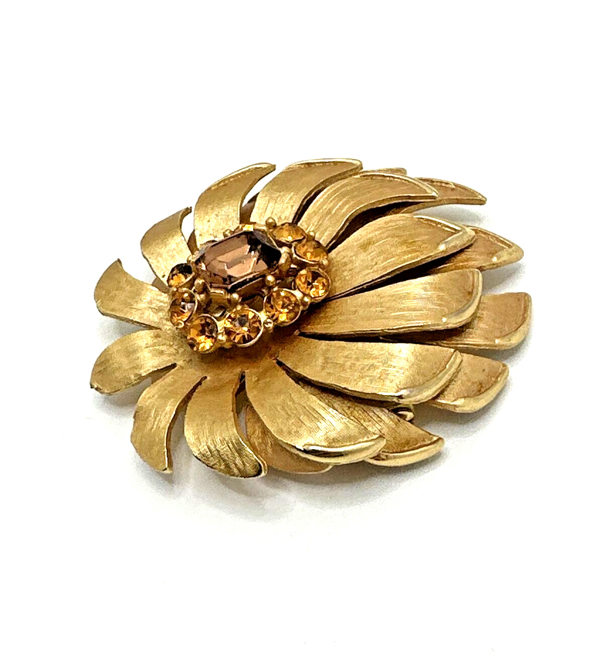 Vintage MCM 3D Layered Gold Tone Floral Flower Brooch Pin 2.5″ Amber Rhinestone