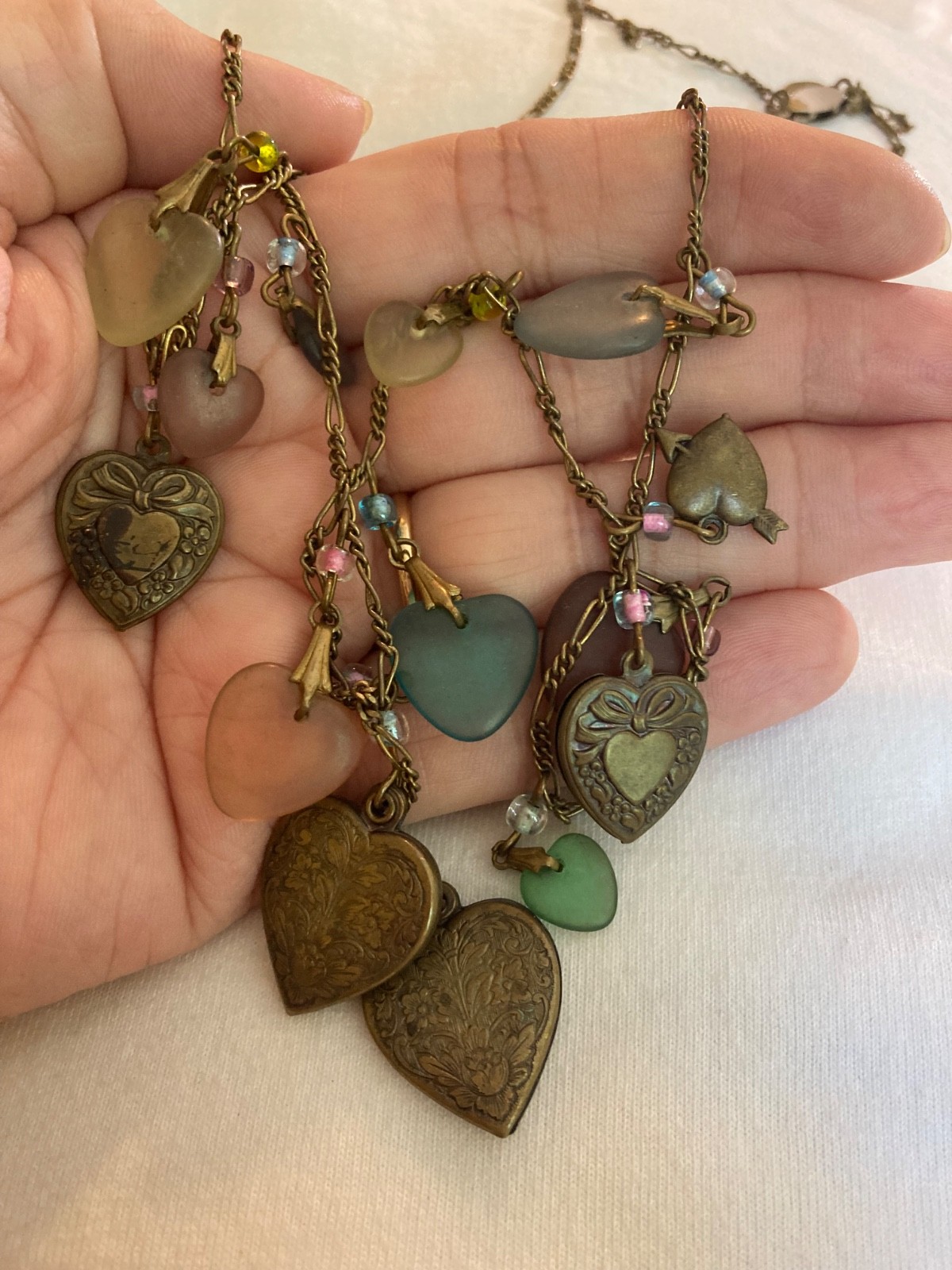 Glass Works Studio Marked Vintage Necklace with Heart Charms and Beads