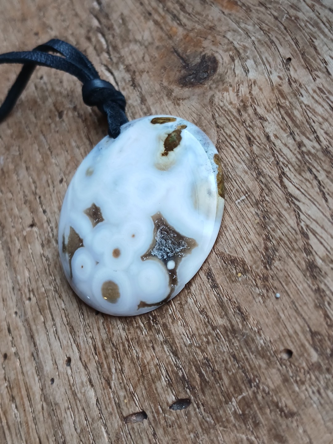 Ocean Jasper Necklace Leather Cord Hippie Boho Layering Beautiful Pattern Round