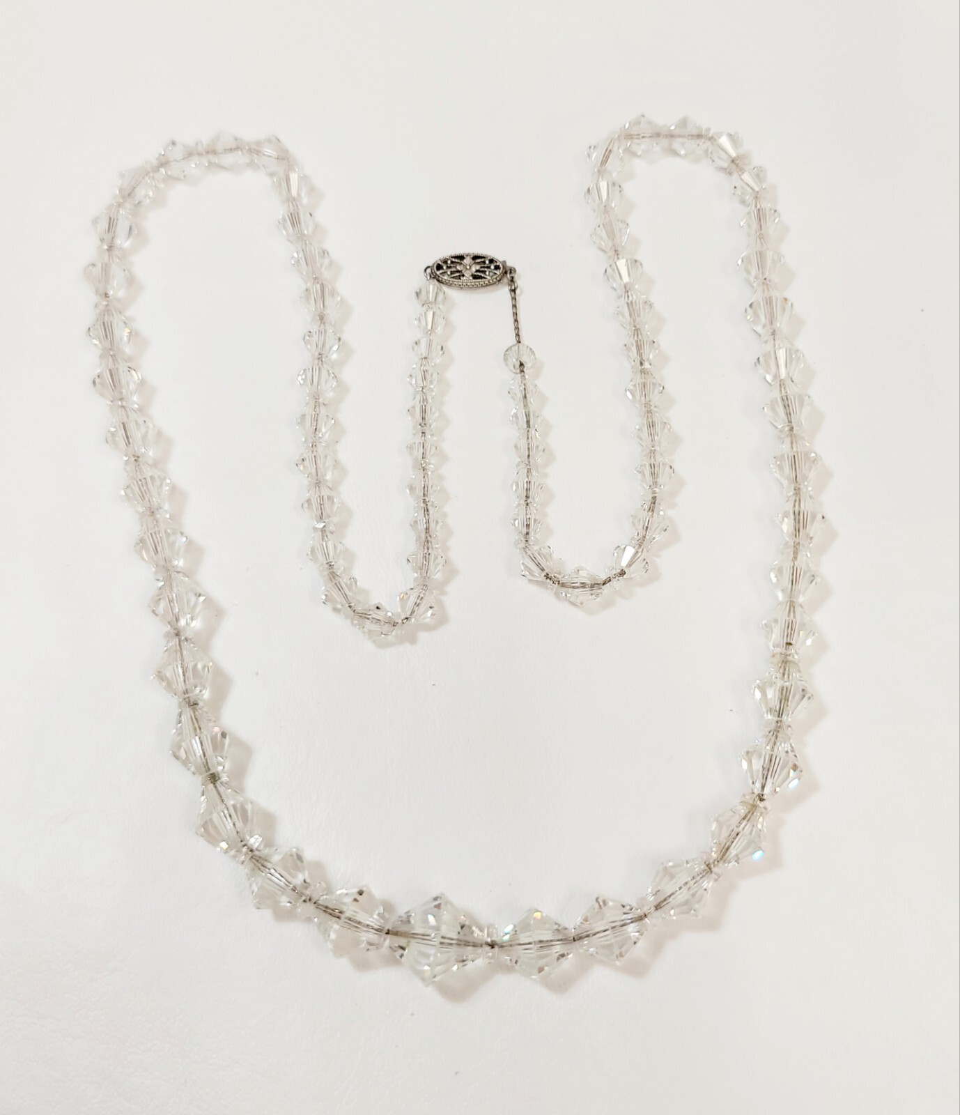 Vintage Victorian Bicone Crystal Glass Bead Sterling Silver Chain Necklace 30″