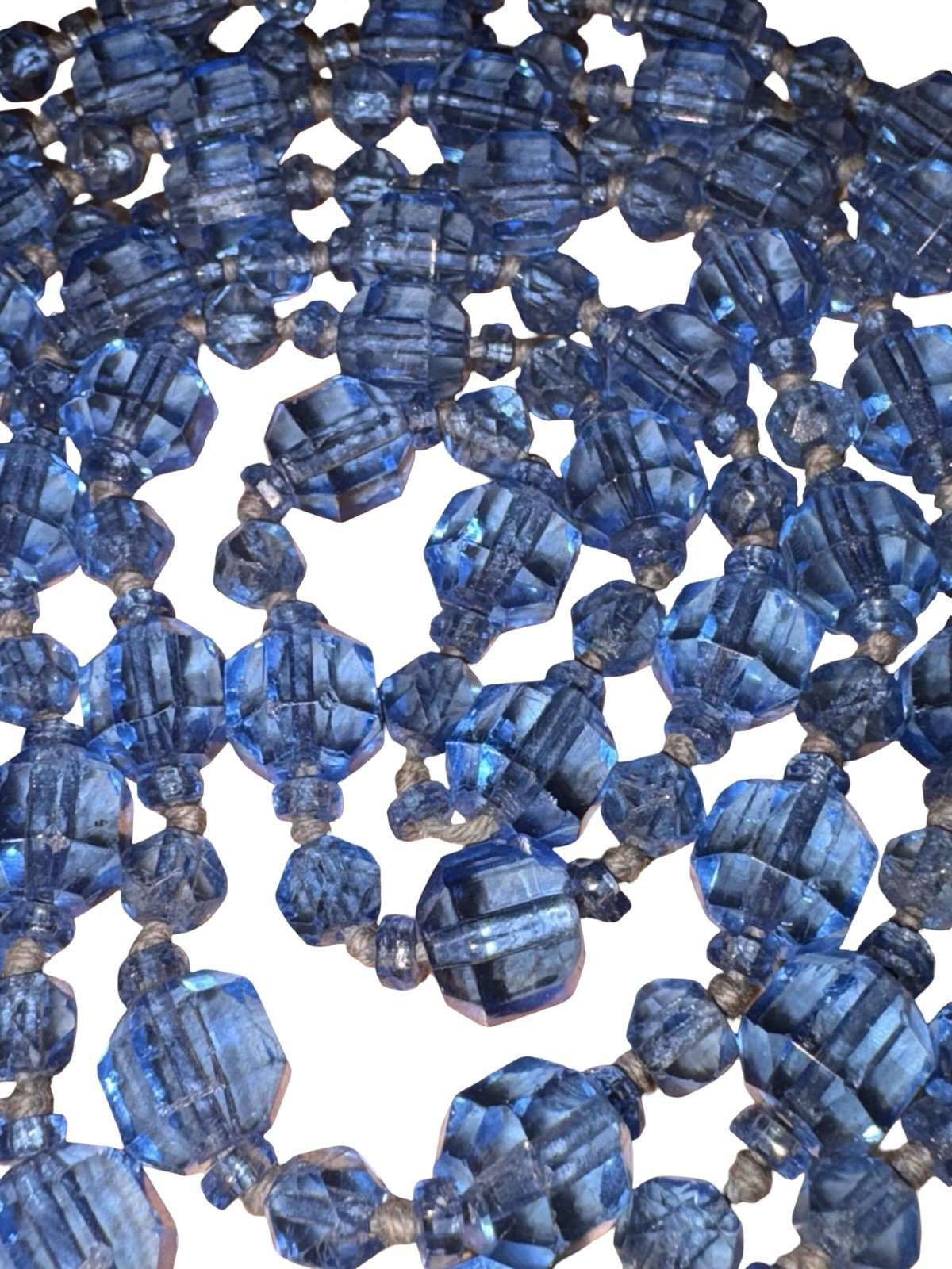 Antique 1920s Flapper Czech Glass Long Necklace Ceylon Sapphire Blue Beads 64”