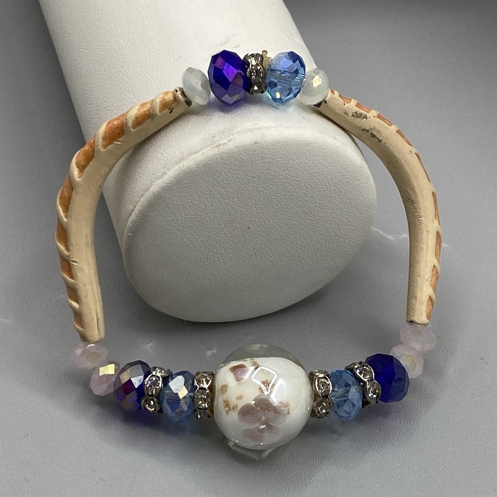 Glass Beaded Bracelet Blue Faceted Fire Polished Cream Tube White Givre Fused 6″