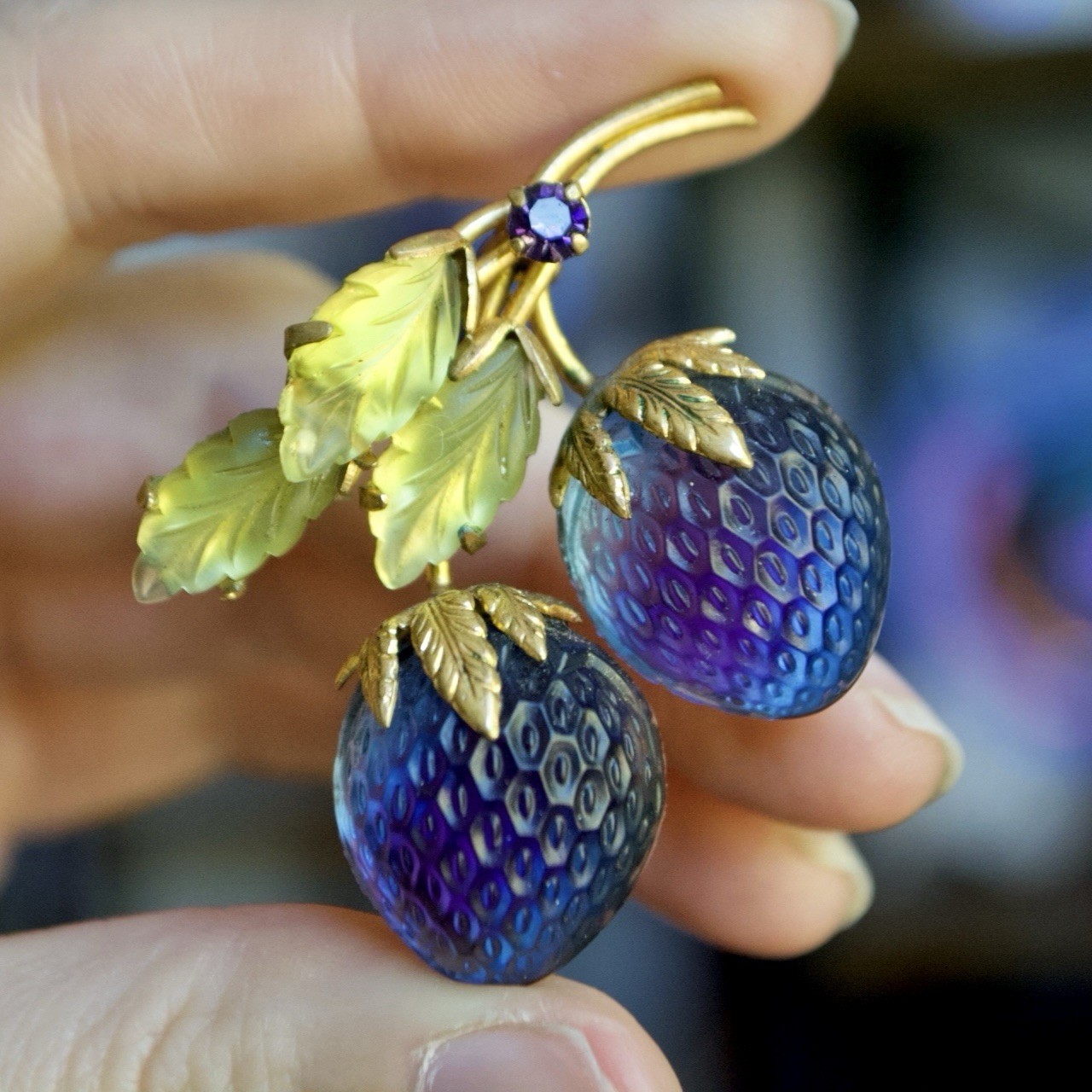 Vintage Austrian Gold Tone Blue and Purple Bicolor Strawberry Brooch