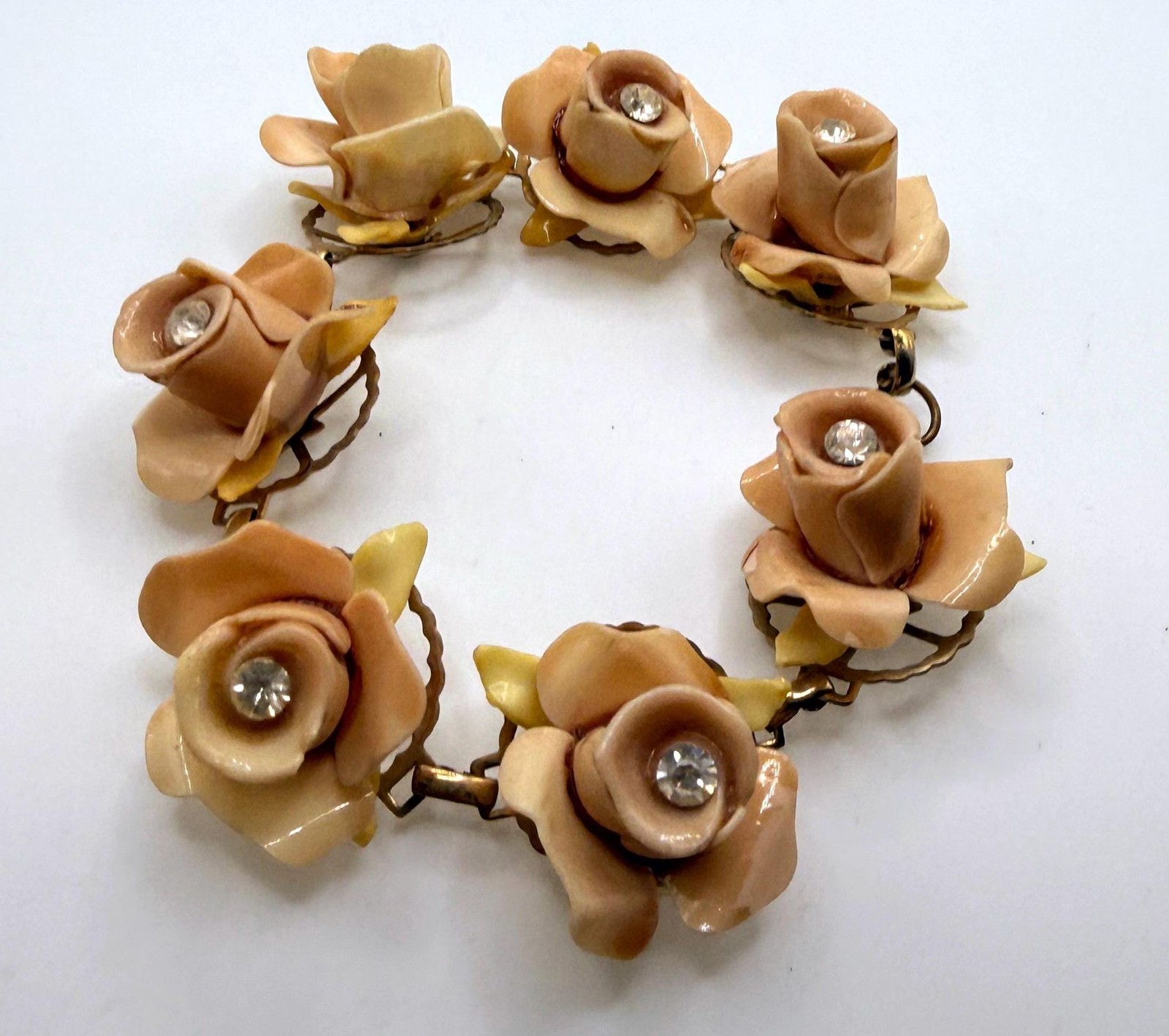 Vintage muted pink celluloid rose rhinestone bracelet