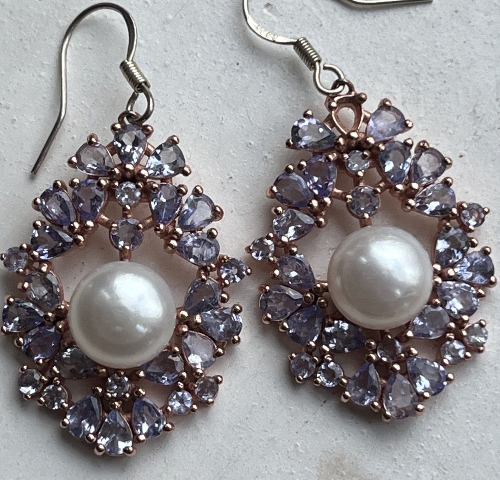 Vintage Tanzanite Real Pearl Dangle Drop Earrings 925 Wire Pierced 1.75” Classic