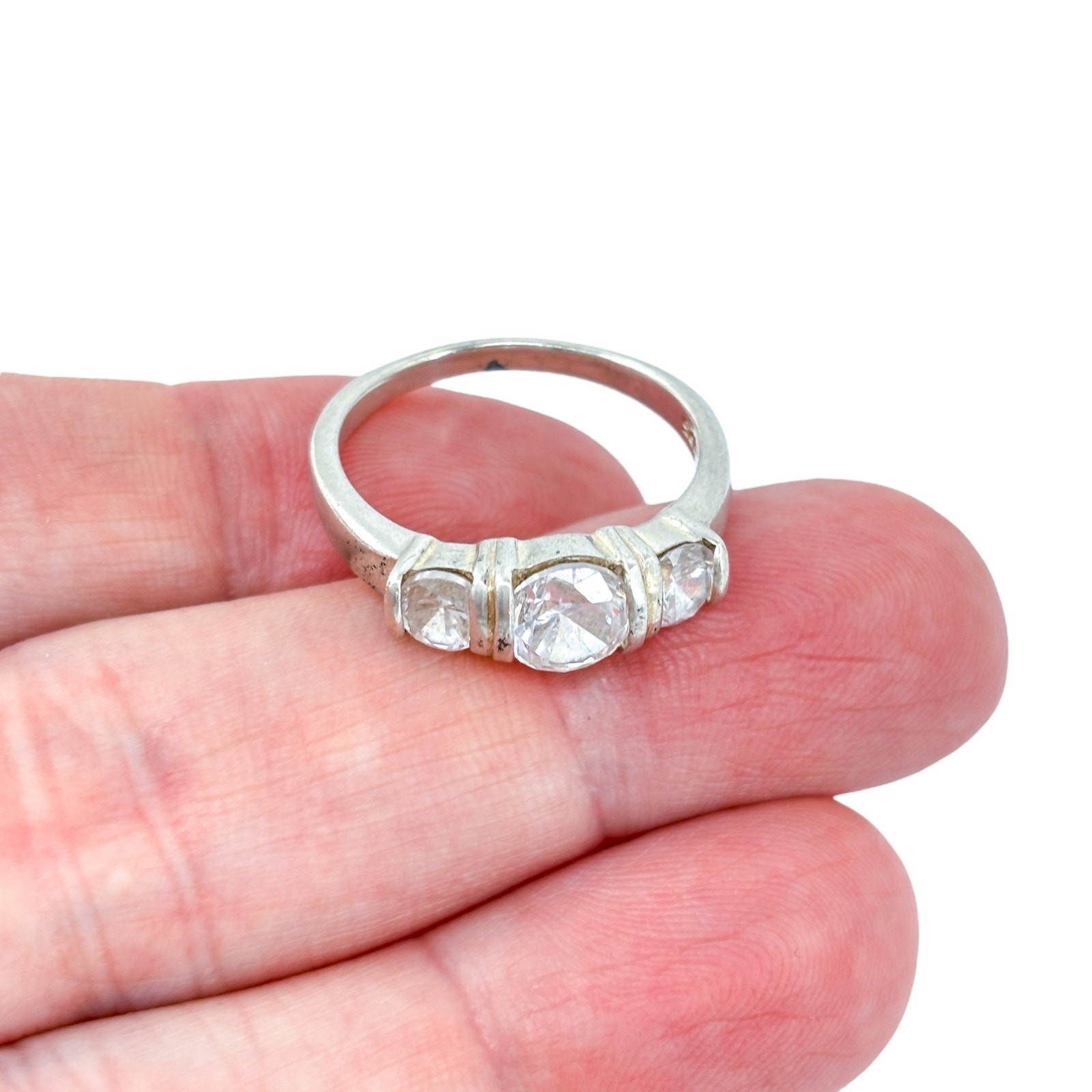 Vintage Sterling Silver 925 White Crystal Three Stone Ring Size 10