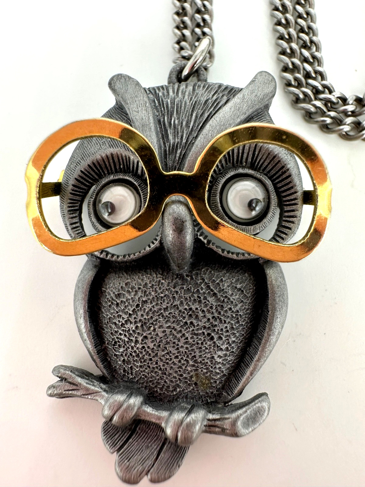 Vintage FAB Pewter Tone Googly Eyed Owl With Movable Eyeglasses Pendant Necklace