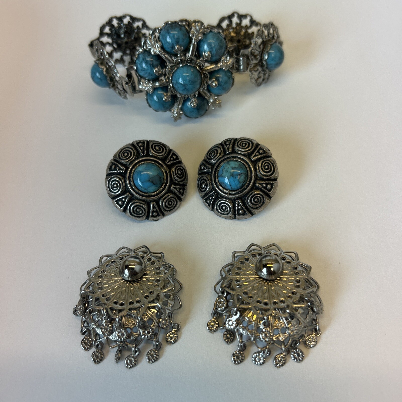 Faux Turquoise Bracelet 2 Earrings Silver Tone Southwestern Boho Tribal Filigree