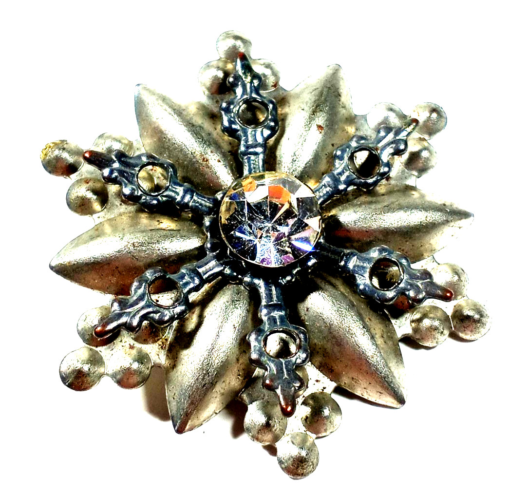 Vintage Pewter Color & Rhinestone 1 & 1/2″ Flower Brooch