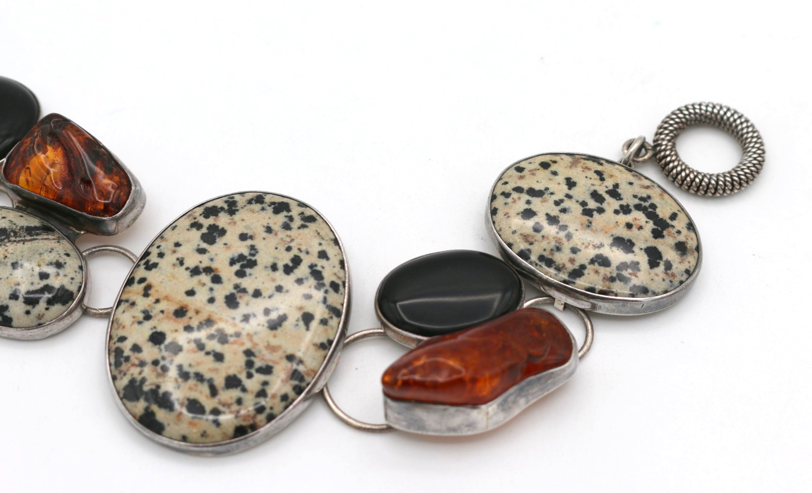 AKR Amy Kahn Russell 925 Sterling Silver Dalmatian Jasper, Amber & Onyx Bracelet