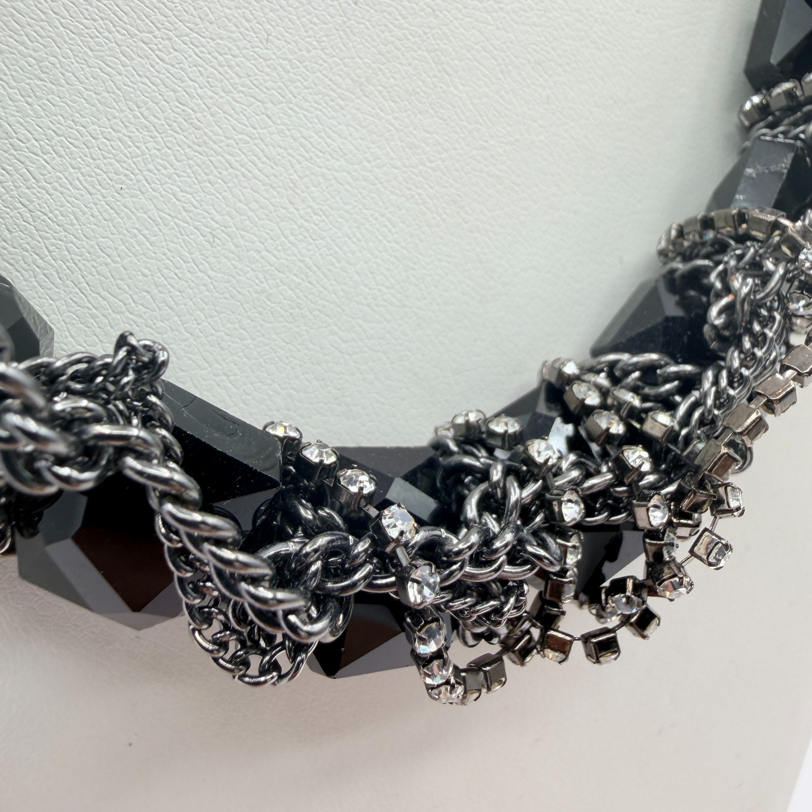 Vintage Gunmetal Tone Chunky Black Bead Choker Necklace Rhinestone Cluster Chain