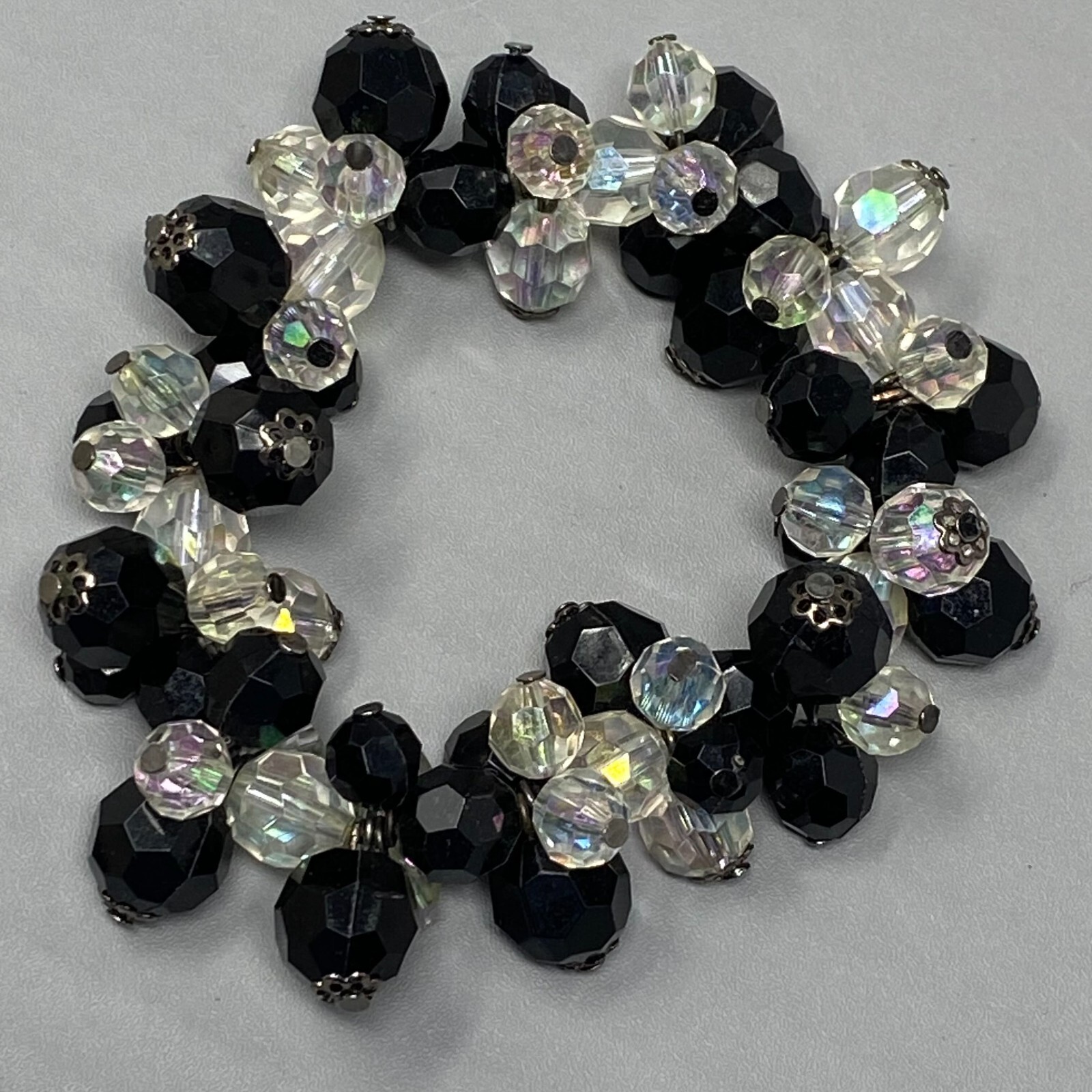 Bead Cluster Bracelet Black Clear Aurora Borealis Acrylic Faceted Stretch 7″