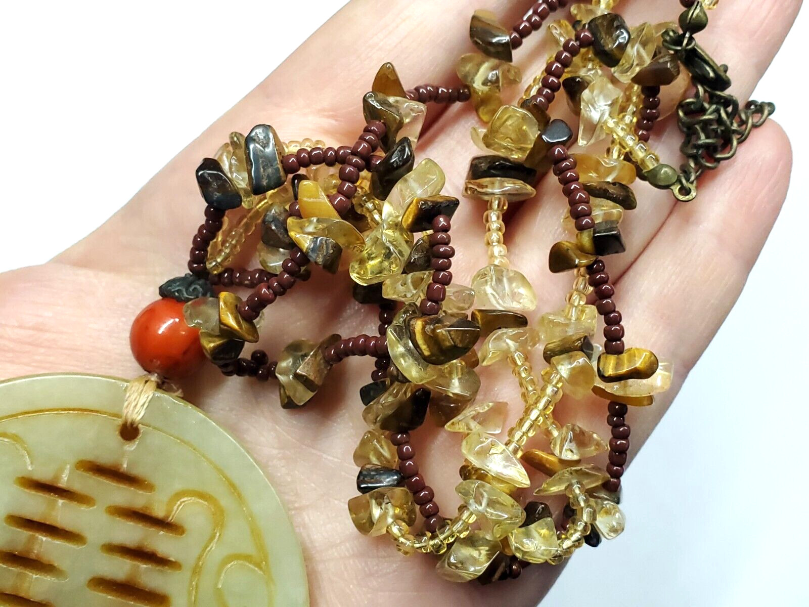 Vintage Oriental Jade Chunky Medallion Agate Tigers Eye Beaded Pendant Necklace
