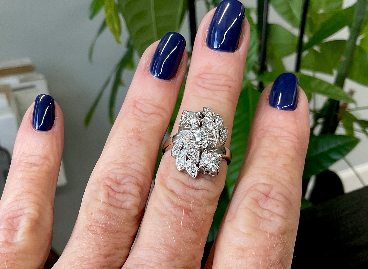 ANTIQUE RETRO NATURAL OLD EUROPEAN CUT DIAMOND COCKTAIL RING 14K WHITE GOLD