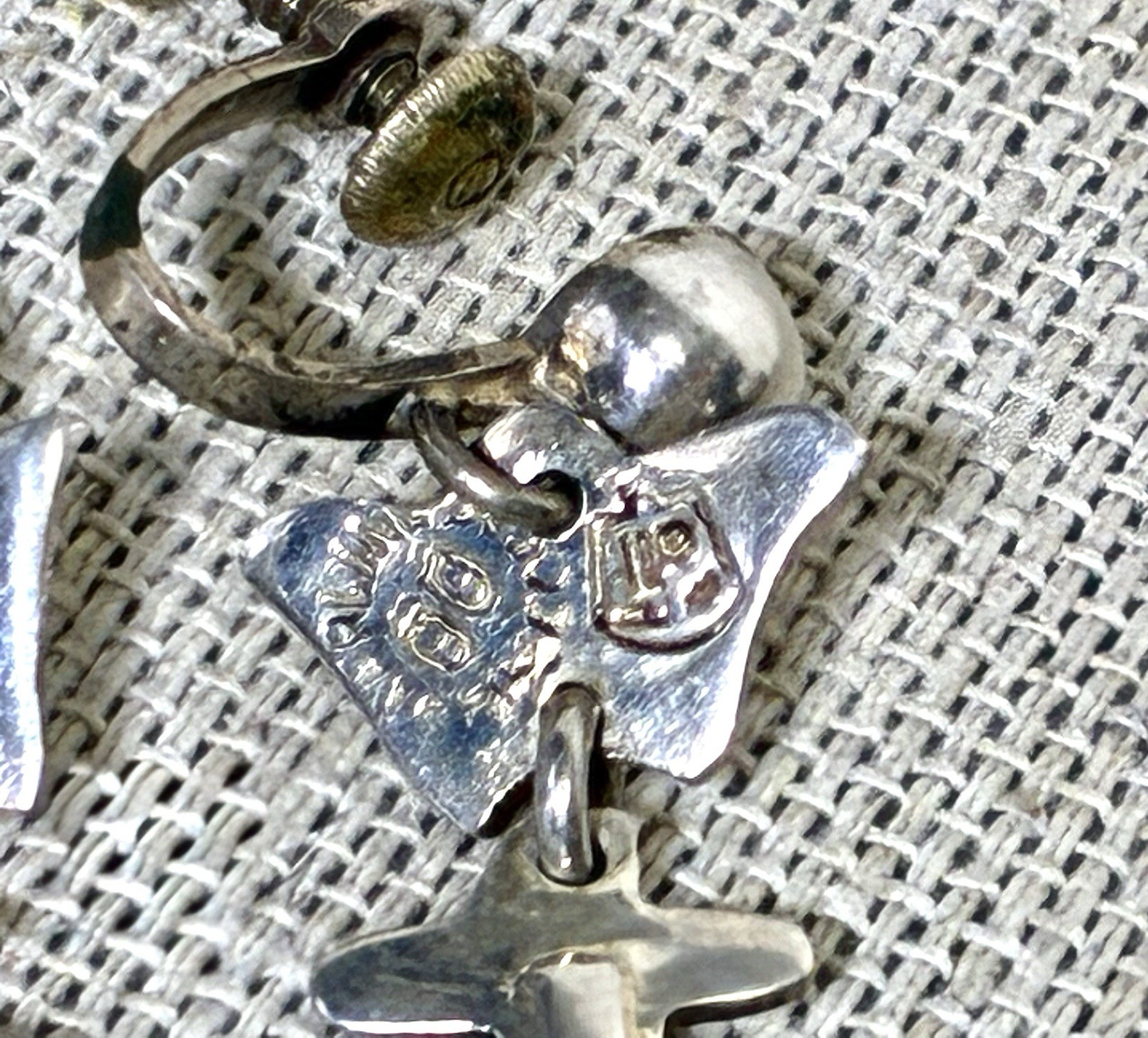 Taxco Silver Fish Dangle Earrings signed IP with Eagle Modernist Screw Back