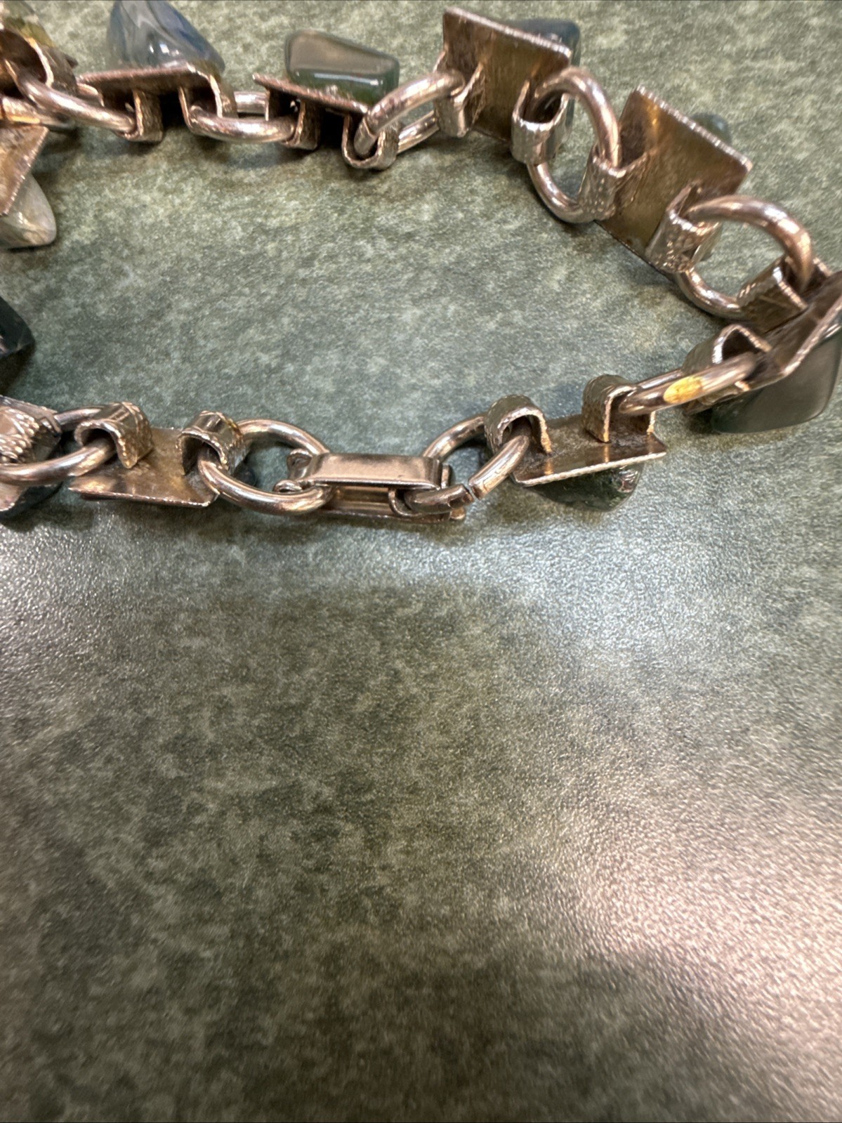 Vintage Polished Stone Link Bracelet multi color natural Green-earthtone jewelry