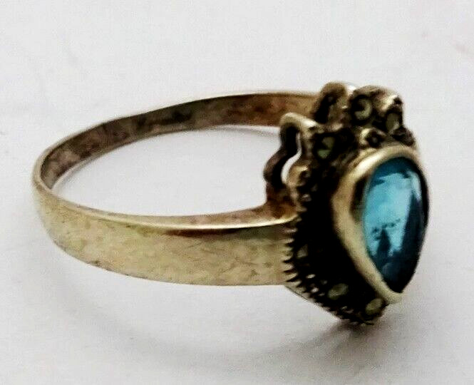 Vintage 925 Sterling Silver Marcasite Blue Topaz Ring Size 6.5 Signed CW