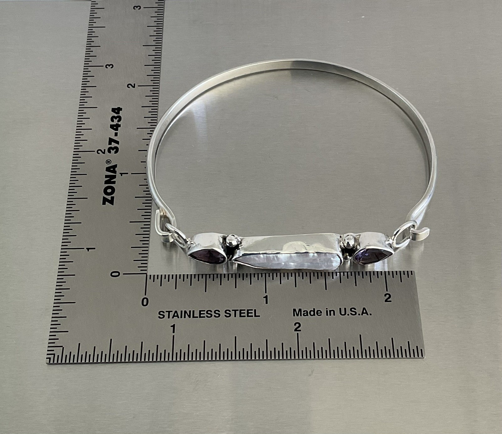 Vintage Baroque Keshi Pearl and Amethyst Tension Hook Bangle Bracelet 7″