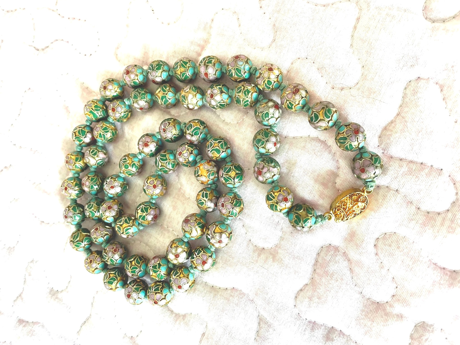 Vintage Cloisonne Chinese Enamel Blue Green Flower Beaded Necklace 29”x 1 cm