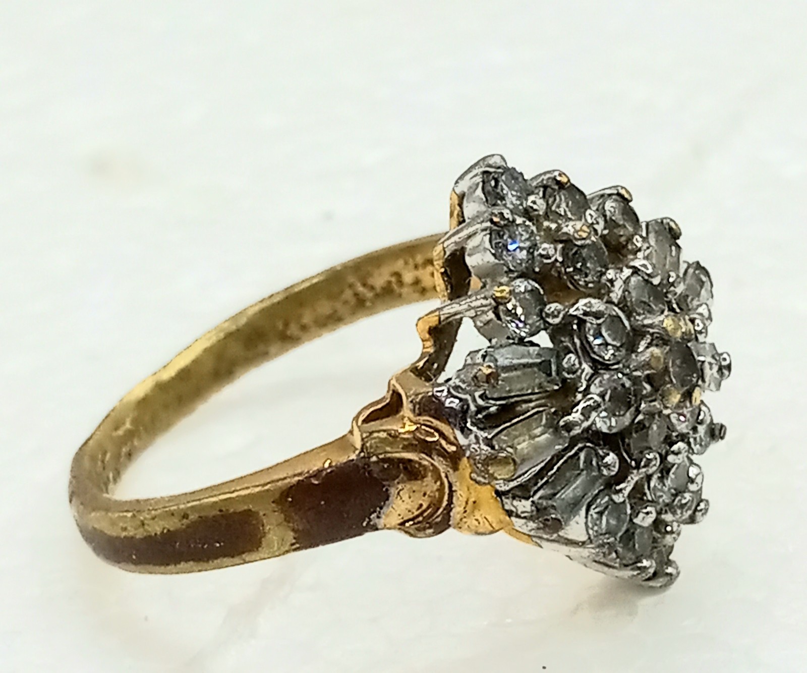 Vintage Womens Cluster Ring Baguette & Round Rhinestones, 14Kt Plated Size 6.25