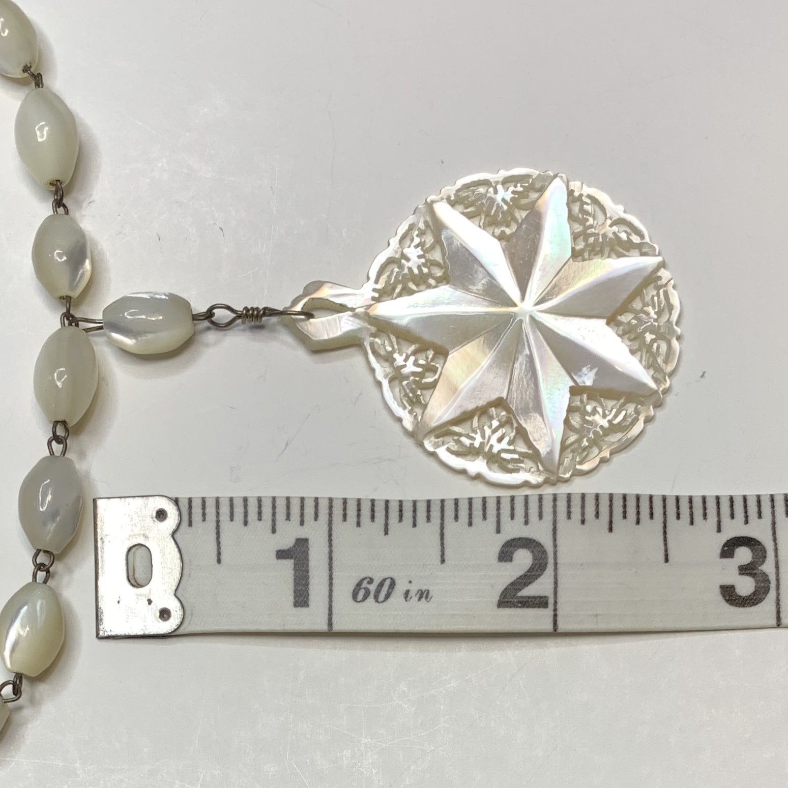 Vintage Mother of Pearl Bead Necklace with Star of Bethlehem MOP Pendant 23”