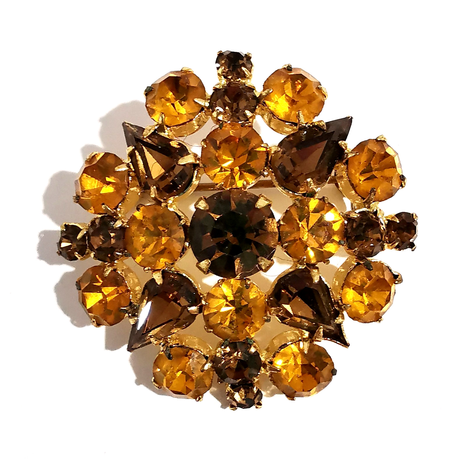 Vintage Czech Brooch Yellow and Broun Faceted Glass Gilded Metal Pin Handmade