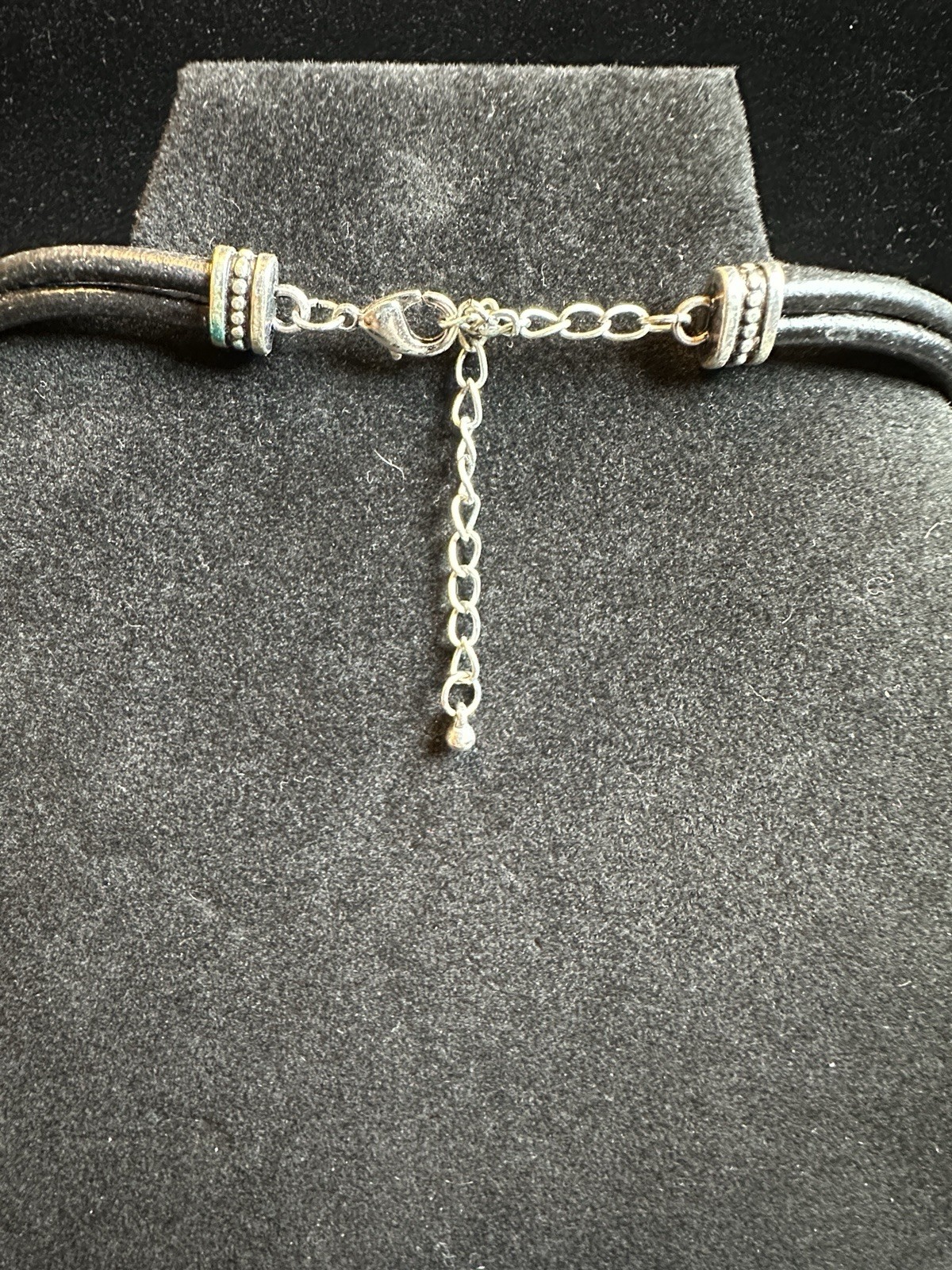 Vintage Black leather and Silver Tone with gray Cabochon Statement Necklace