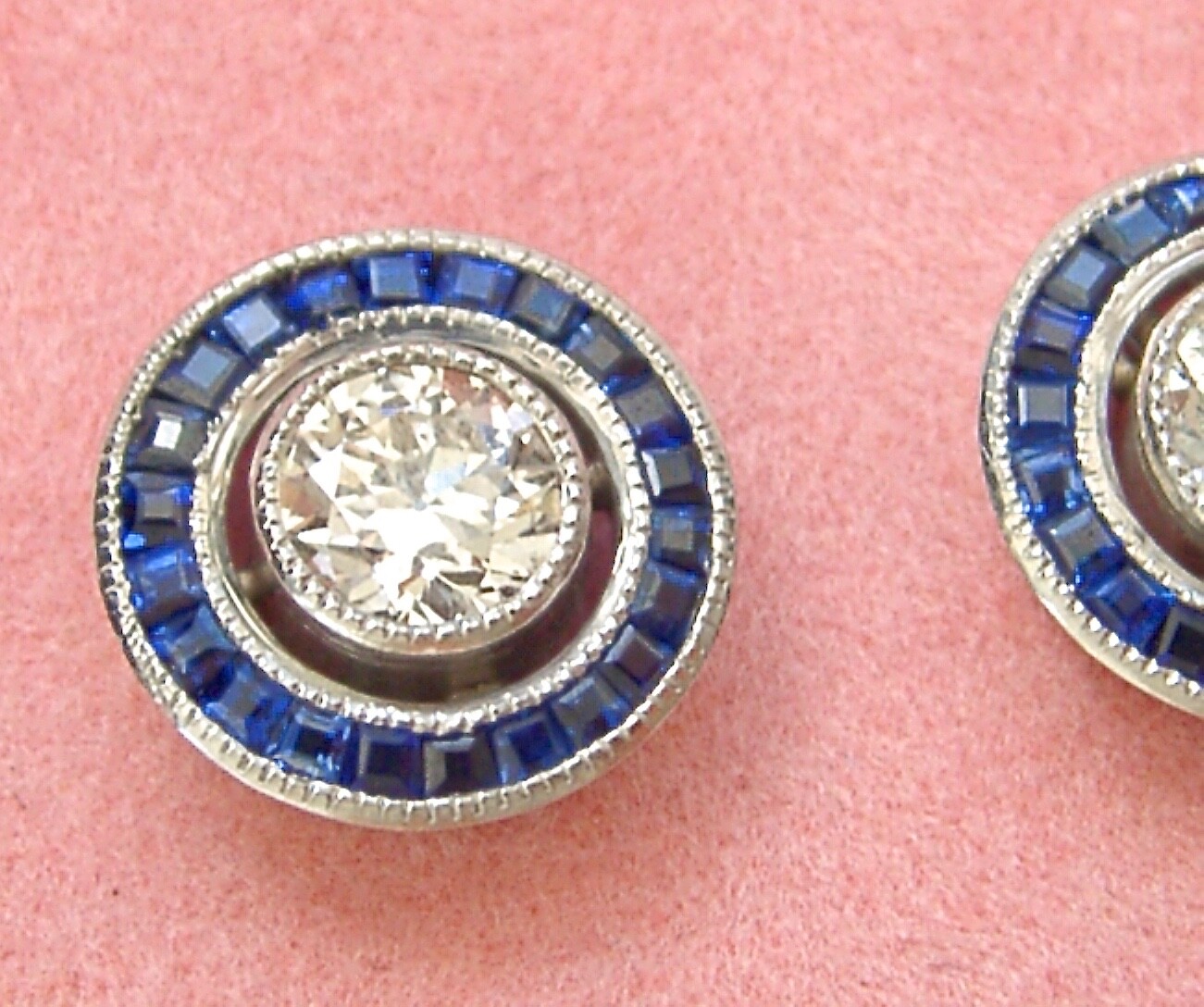 ART DECO 1.14ctw EURO FLOATING DIAMOND SAPPHIRE HALO 11mm PLATINUM STUD EARRINGS