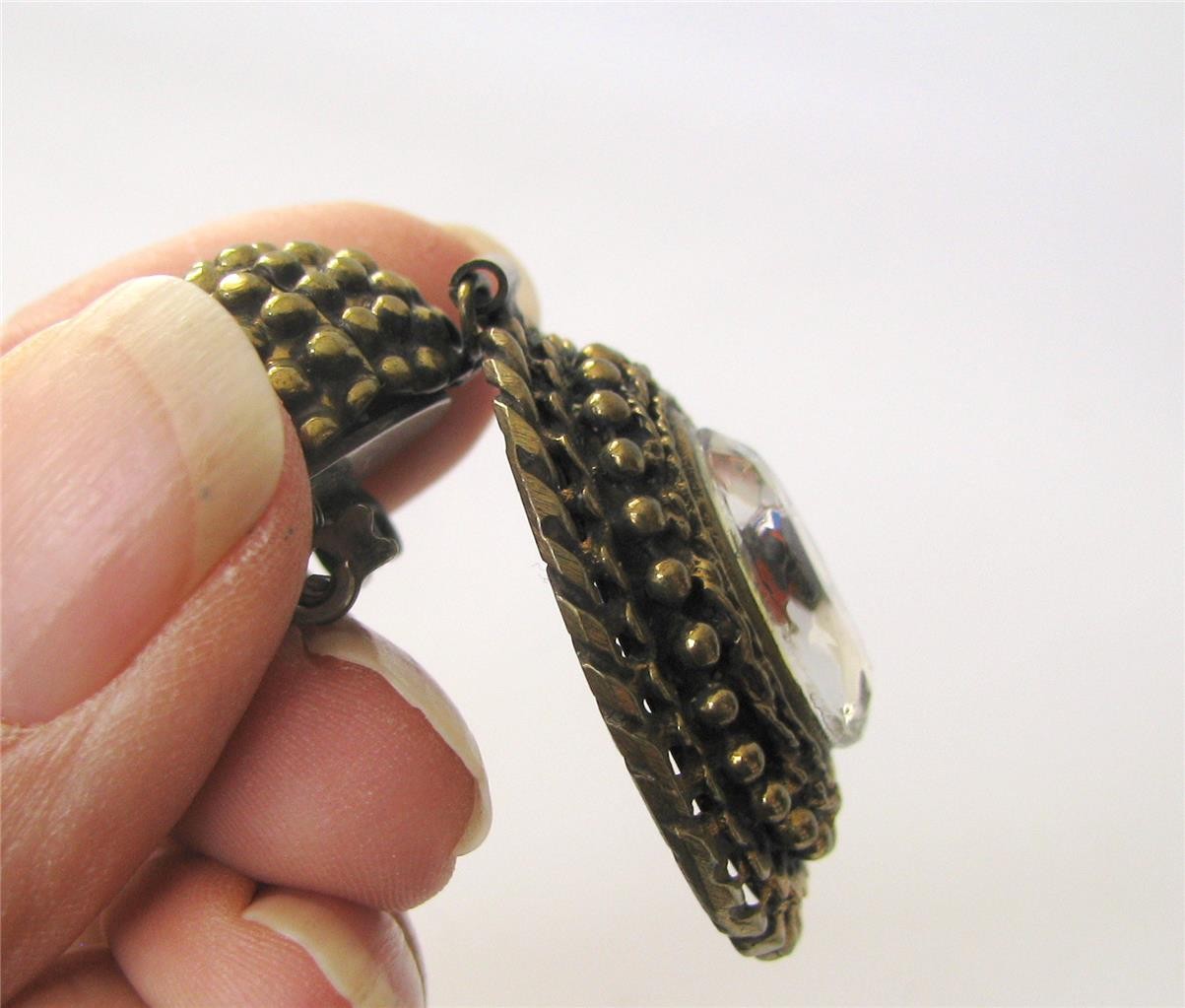 Vintage Italy Textured Doorknocker Brooch Pin Large Rhinestone Gold tone