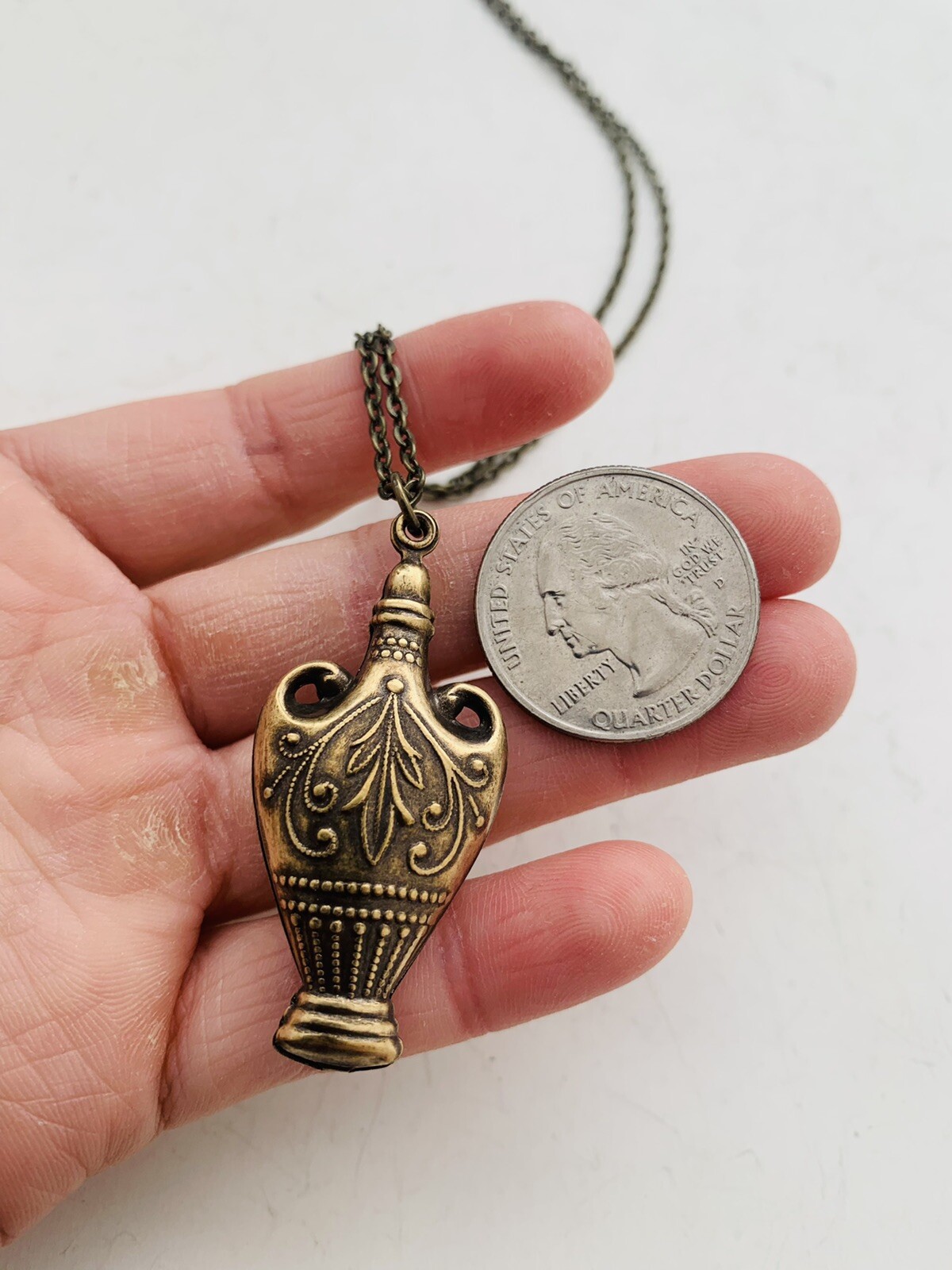 Vintage Style Bronze Tone Egyptian Revival Intricate Vase Pendant Necklace