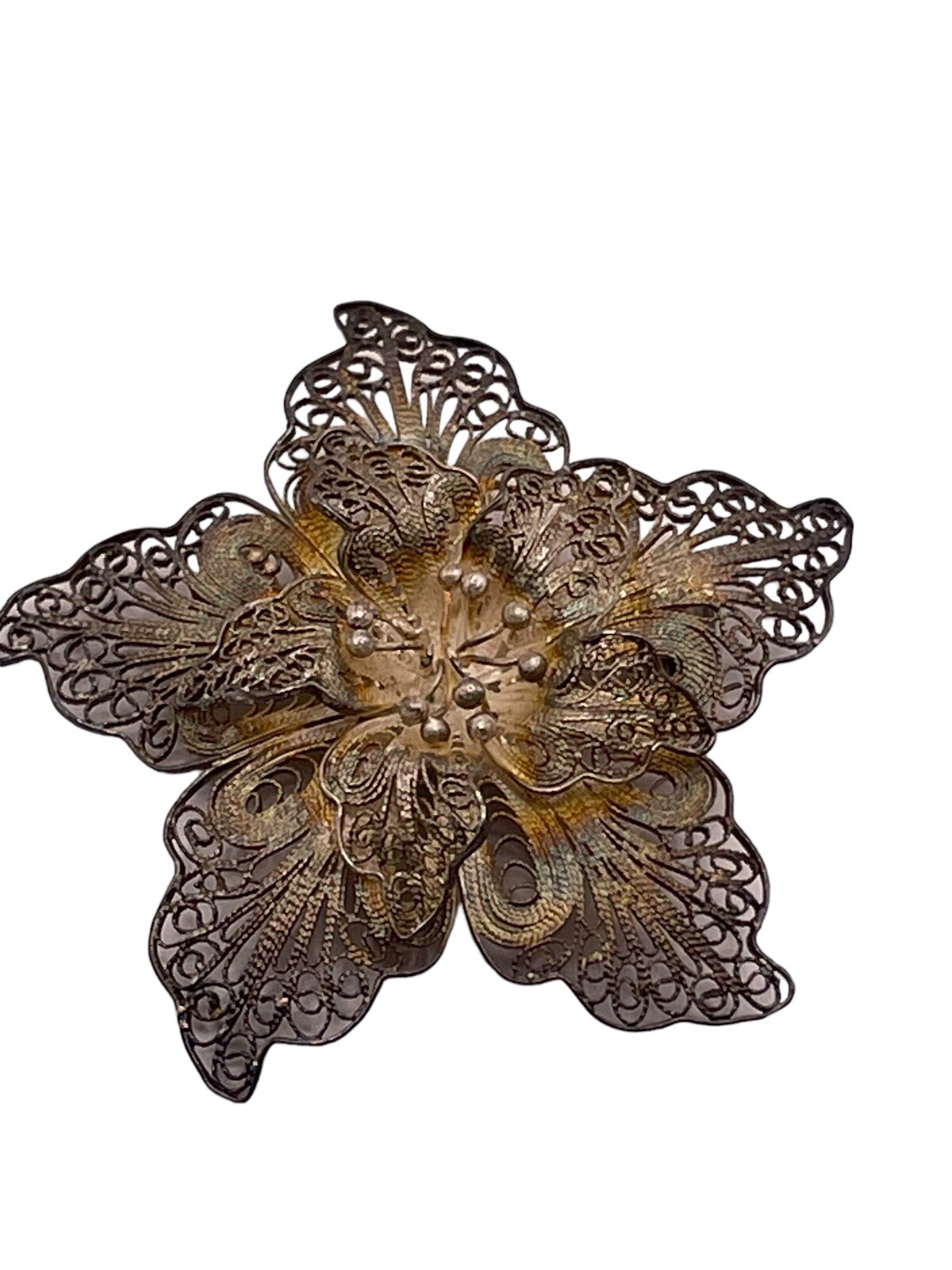 Vintage Filigree 800 Silver Flower Star Brooch Pin Swirl Layered Open Work